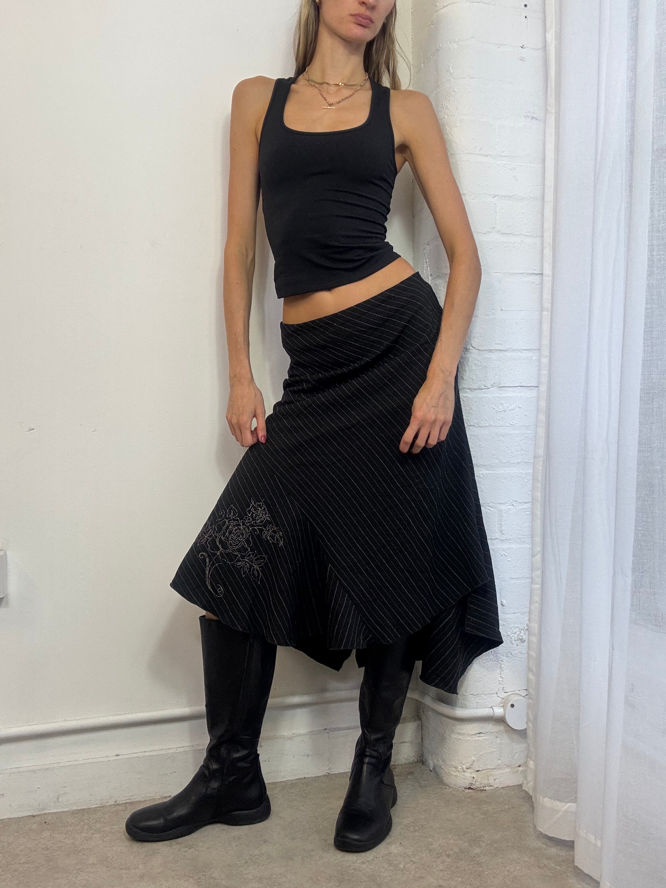 Vintage Y2K pinstripe asymmetric ruffle midi skirt
