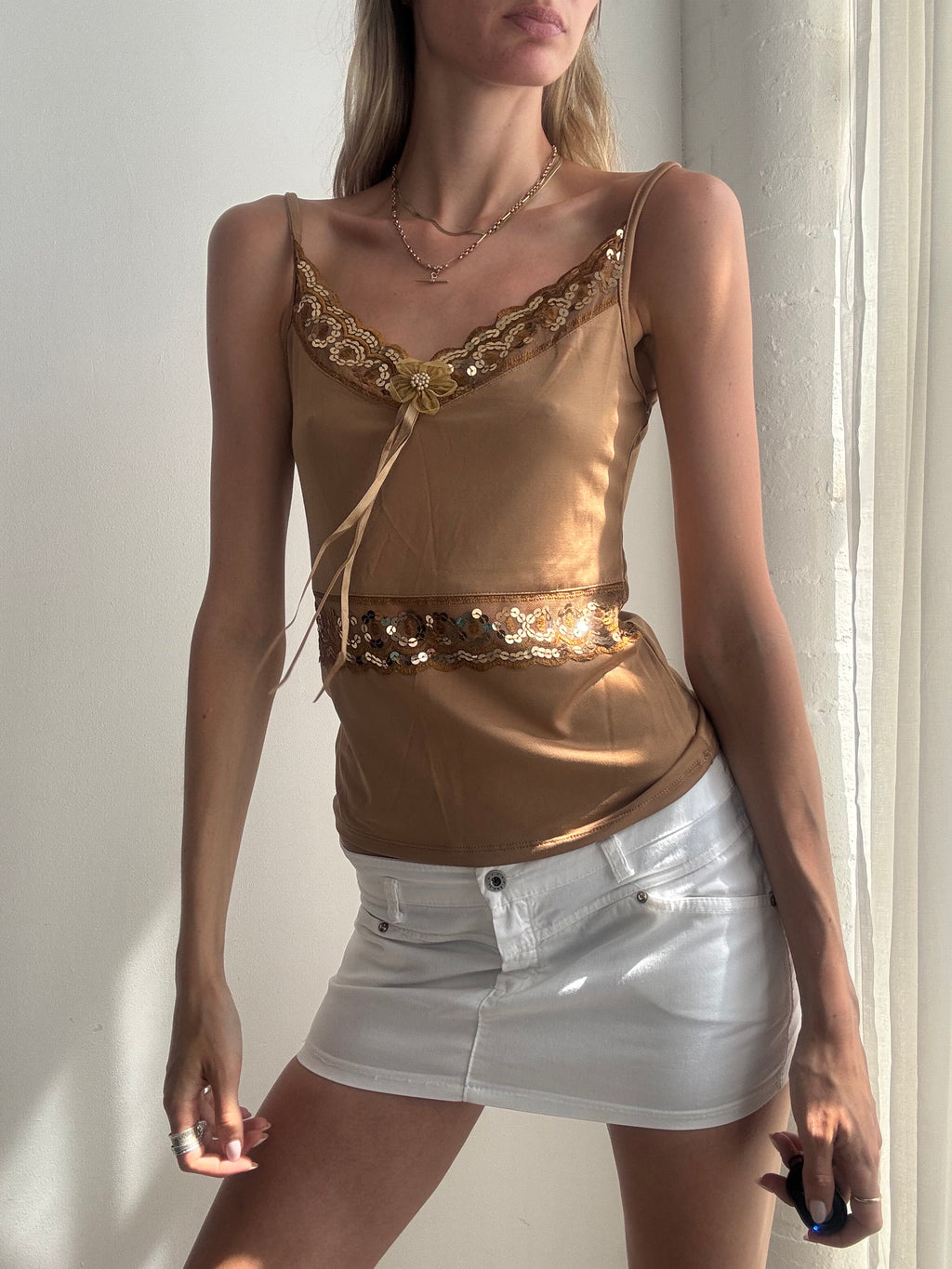 Vintage Y2K Bronze Embellished Sequin Cami Top - Size S