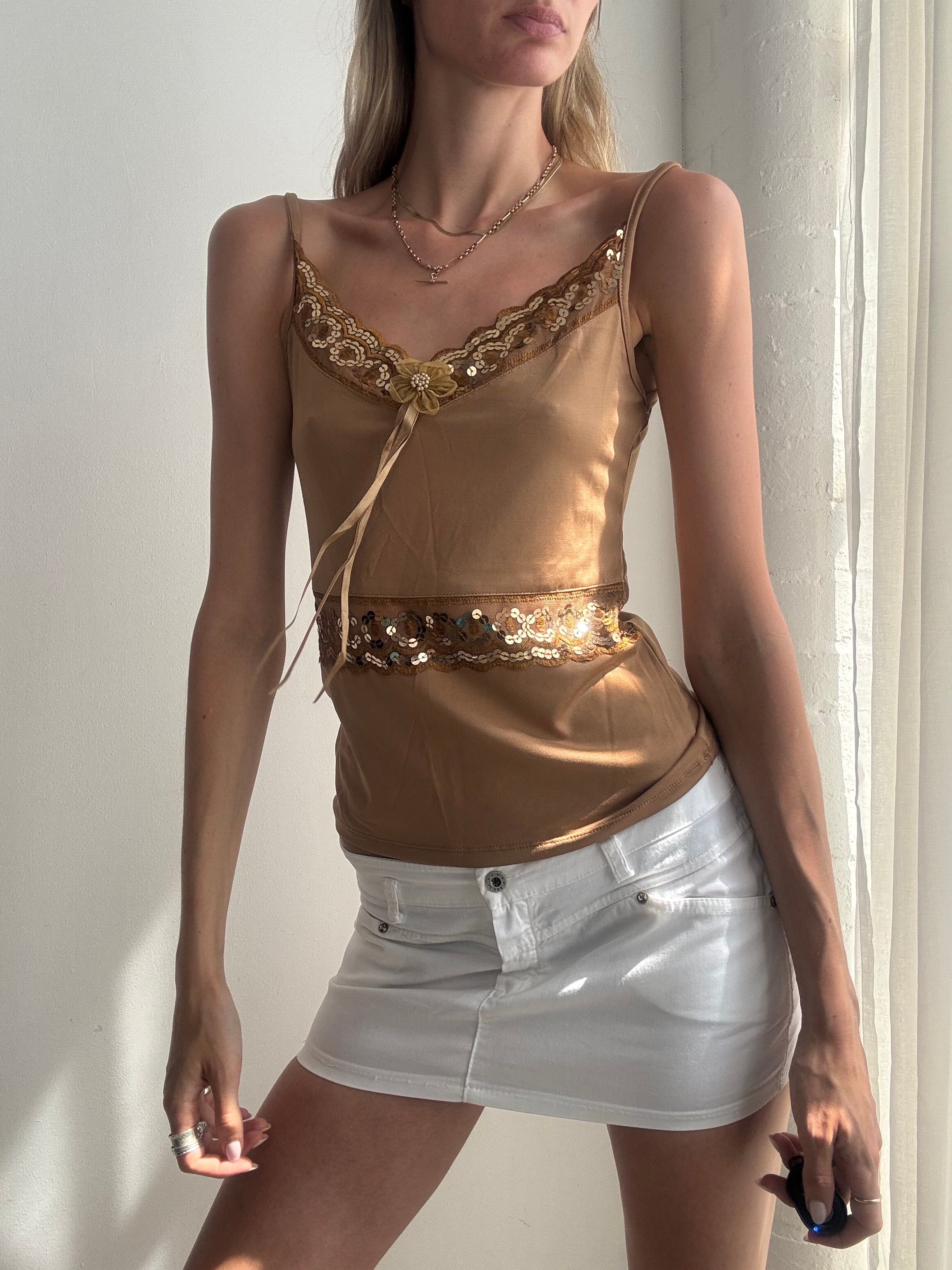 Vintage Y2K Bronze Embellished Sequin Cami Top - Size S