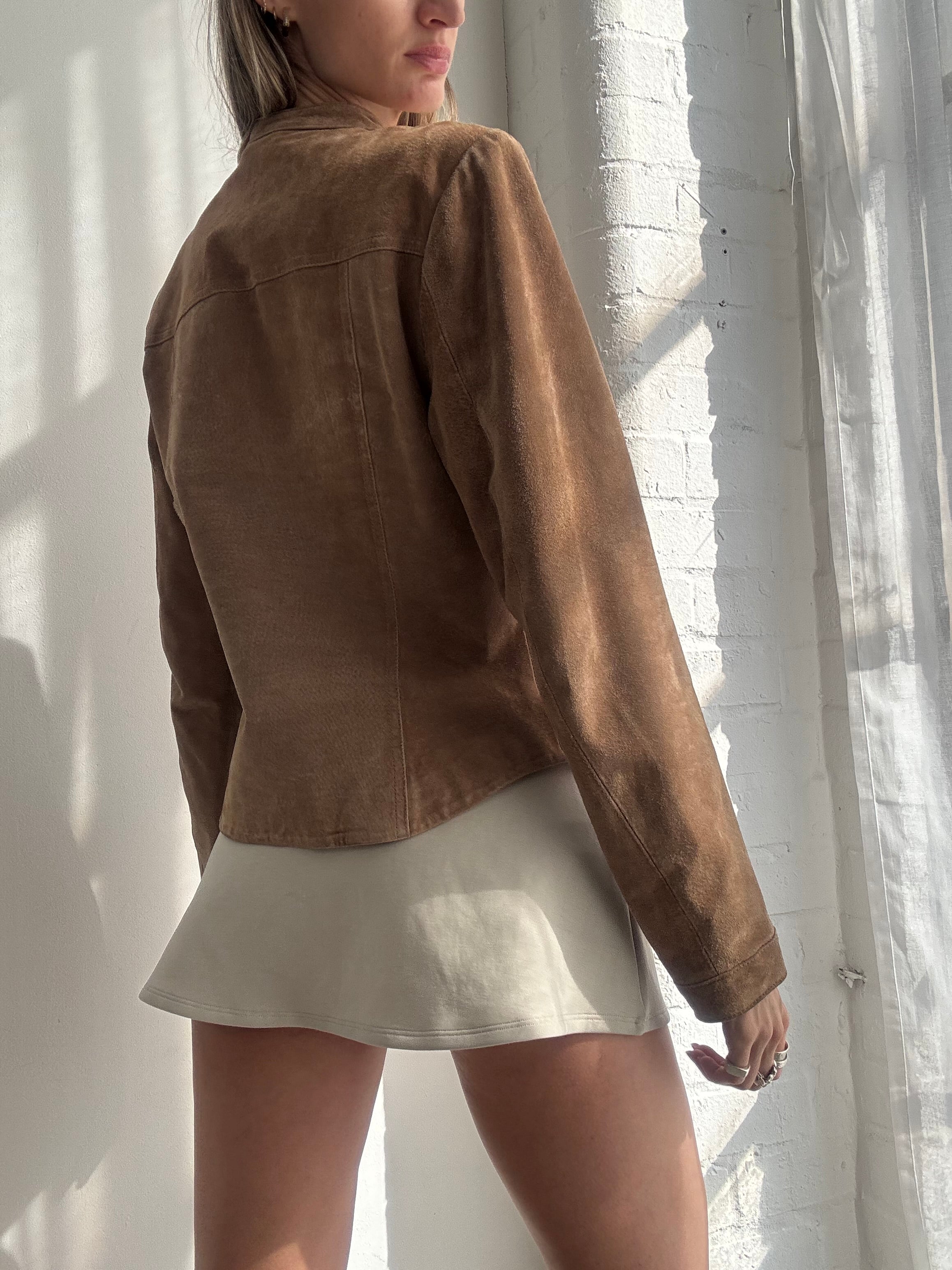 Vintage Y2K tan suede fitted zip-up biker jacket