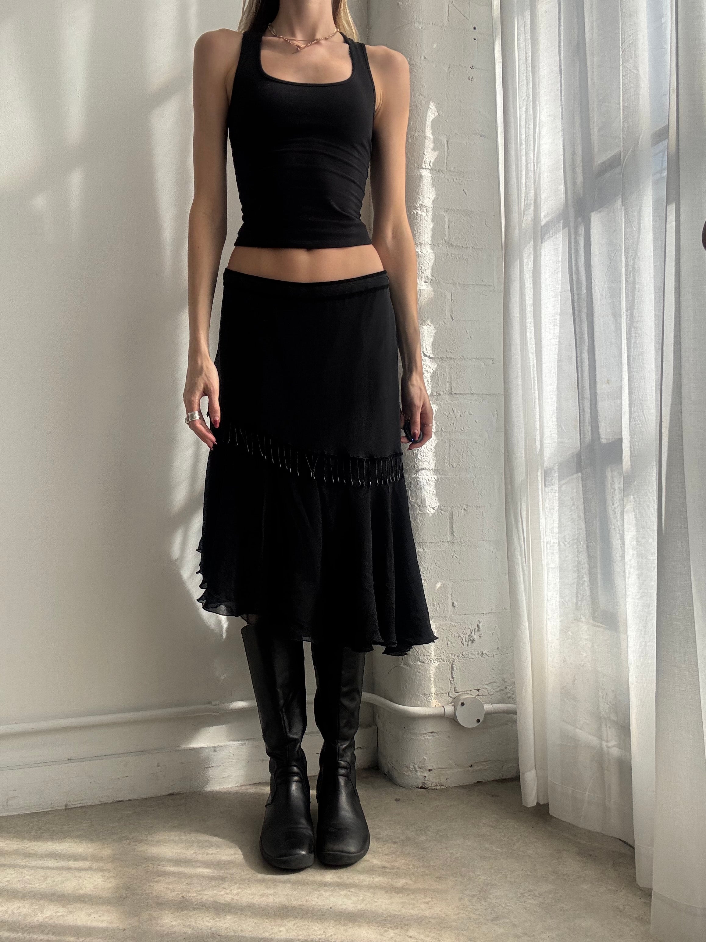 Vintage Y2K black asymmetrical beaded mesh midi skirt