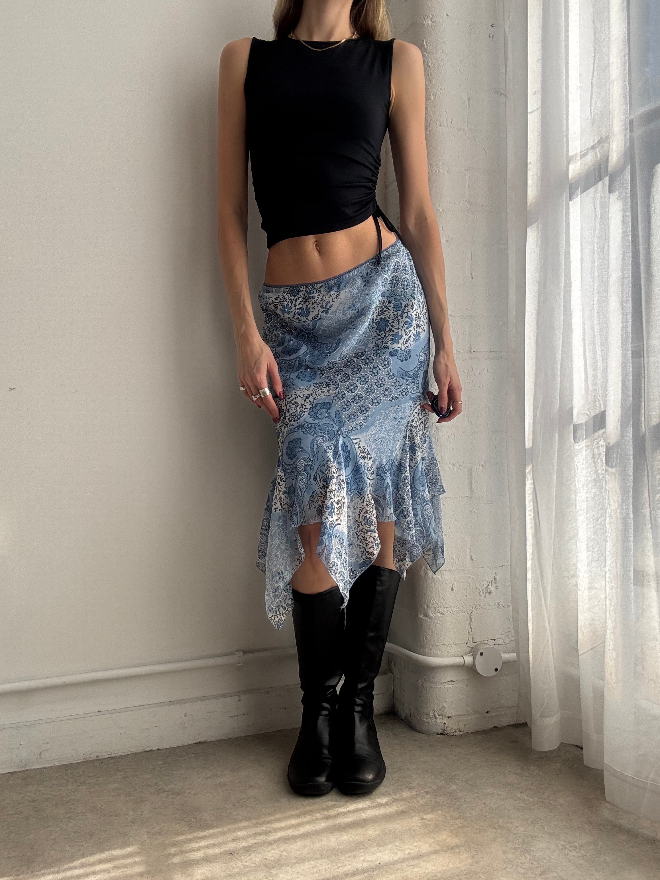 Vintage Y2K blue floral asymmetric mesh skirt