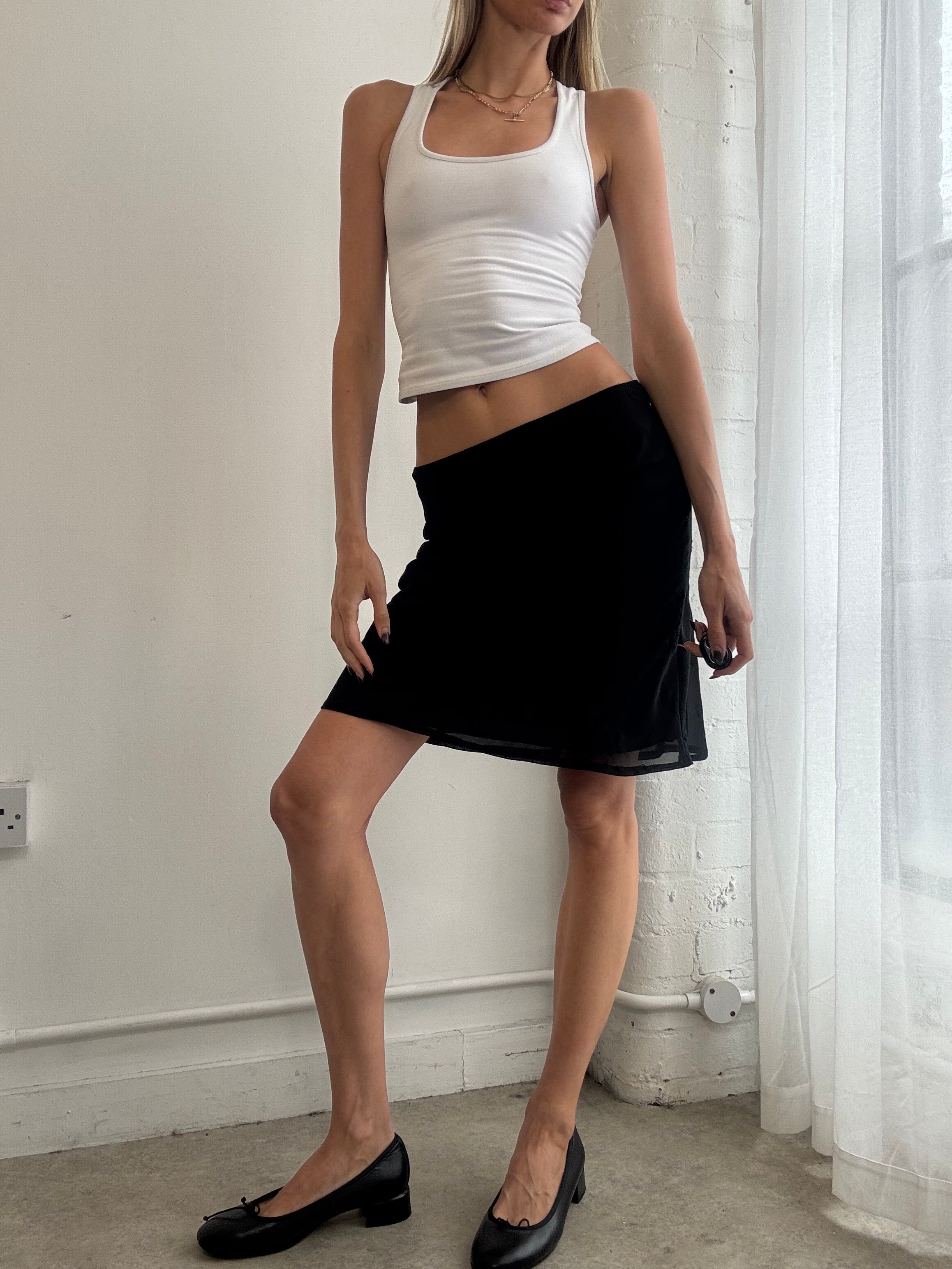 Vintage Y2K black bias cut embroidered mesh midi skirt - Size S