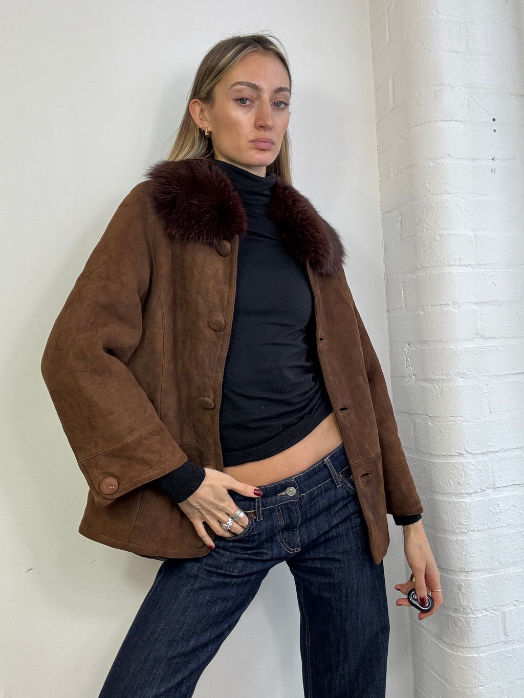 Vintage sheepskin coat with fox fur trim