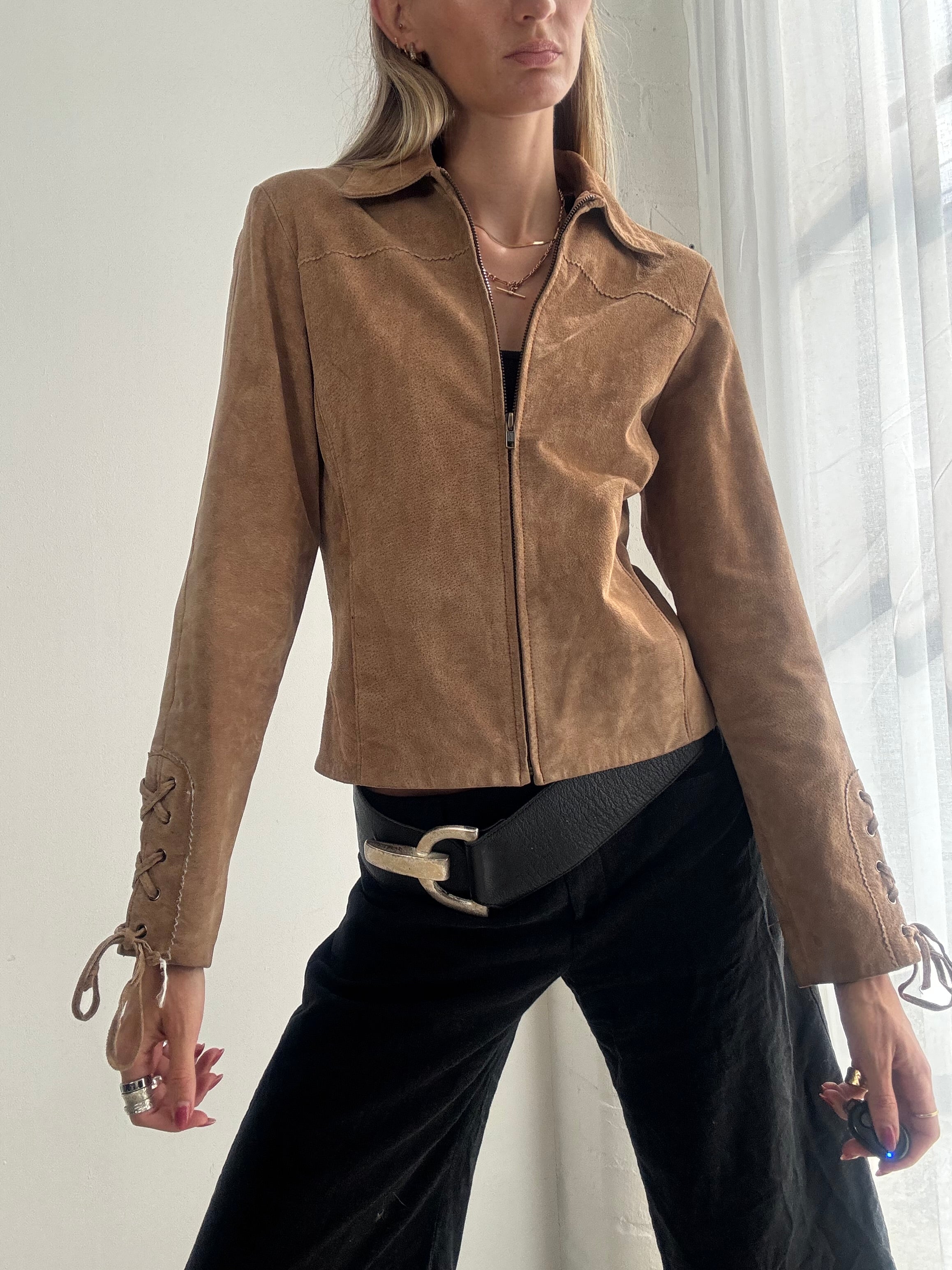 Vintage Y2K Tan Suede Fitted Jacket - Size S