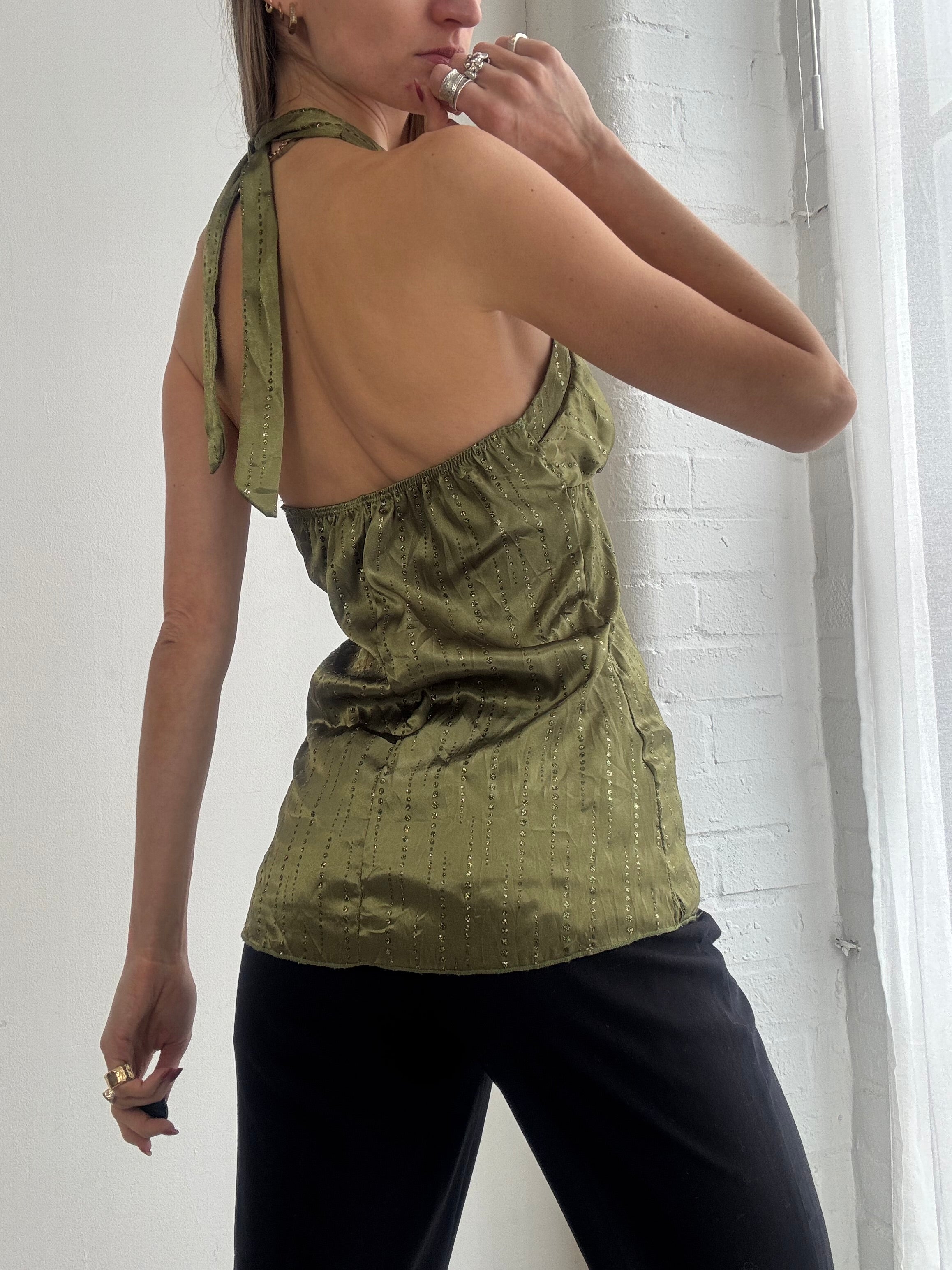 Vintage Y2K olive green sparkly satin halter top