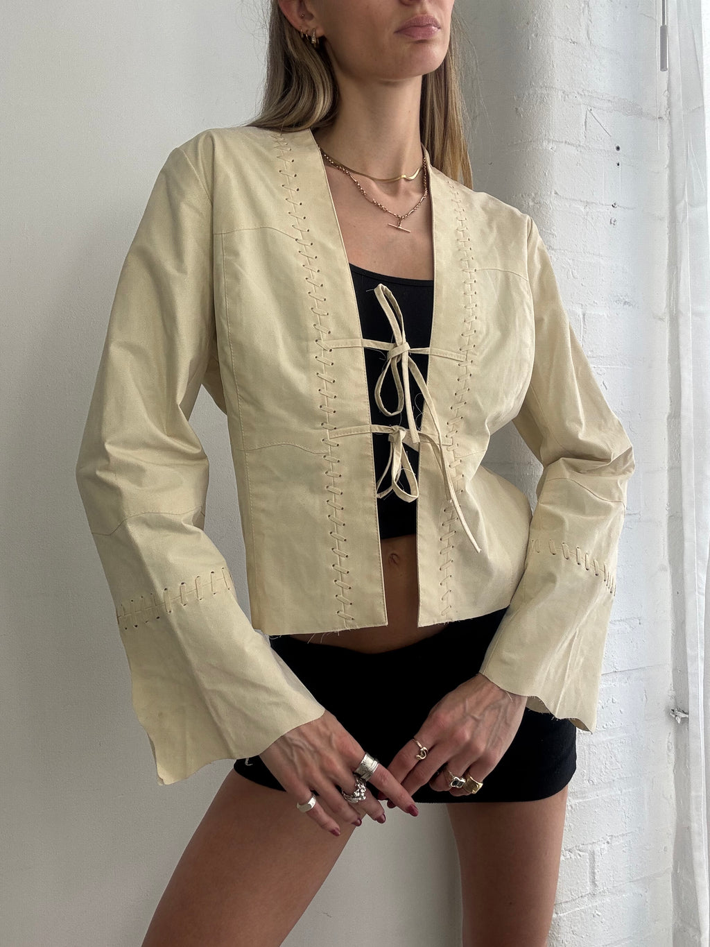 Vintage Y2K cream tie front faux suede jacket