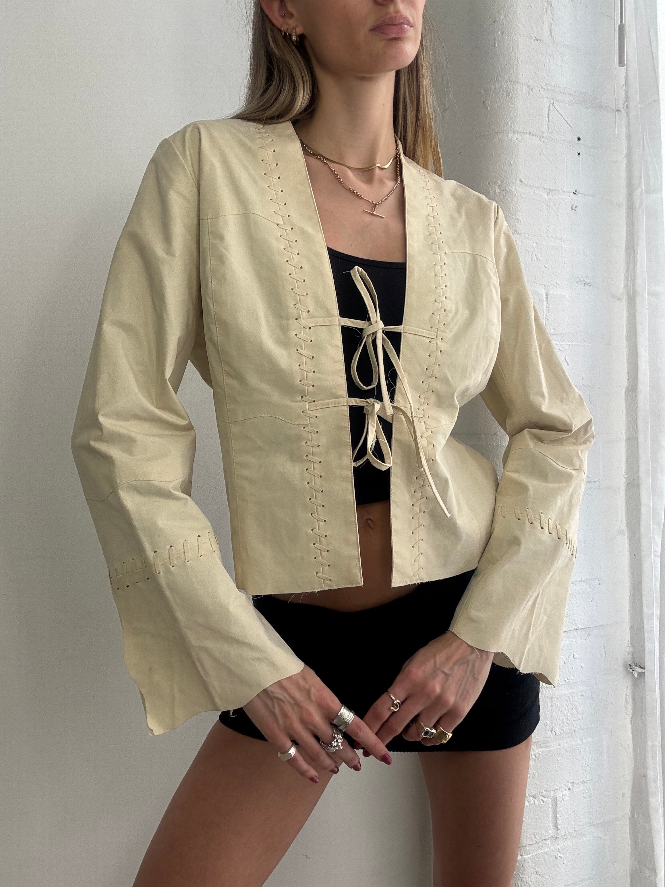 Vintage Y2K cream tie front faux suede jacket