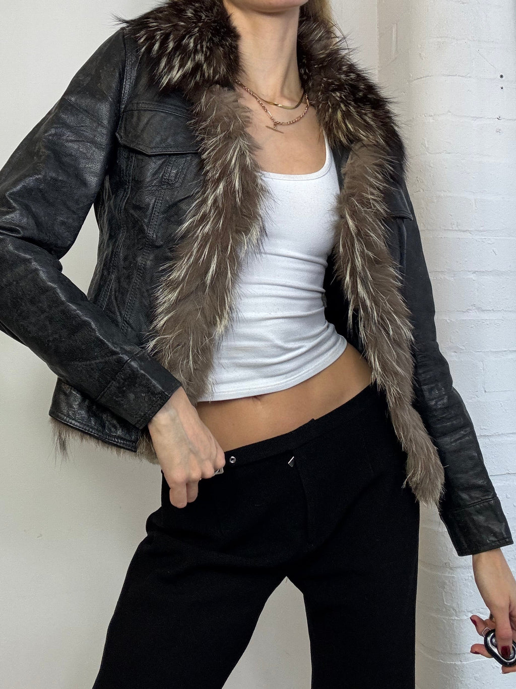 Vintage Y2K fur trim leather jacket