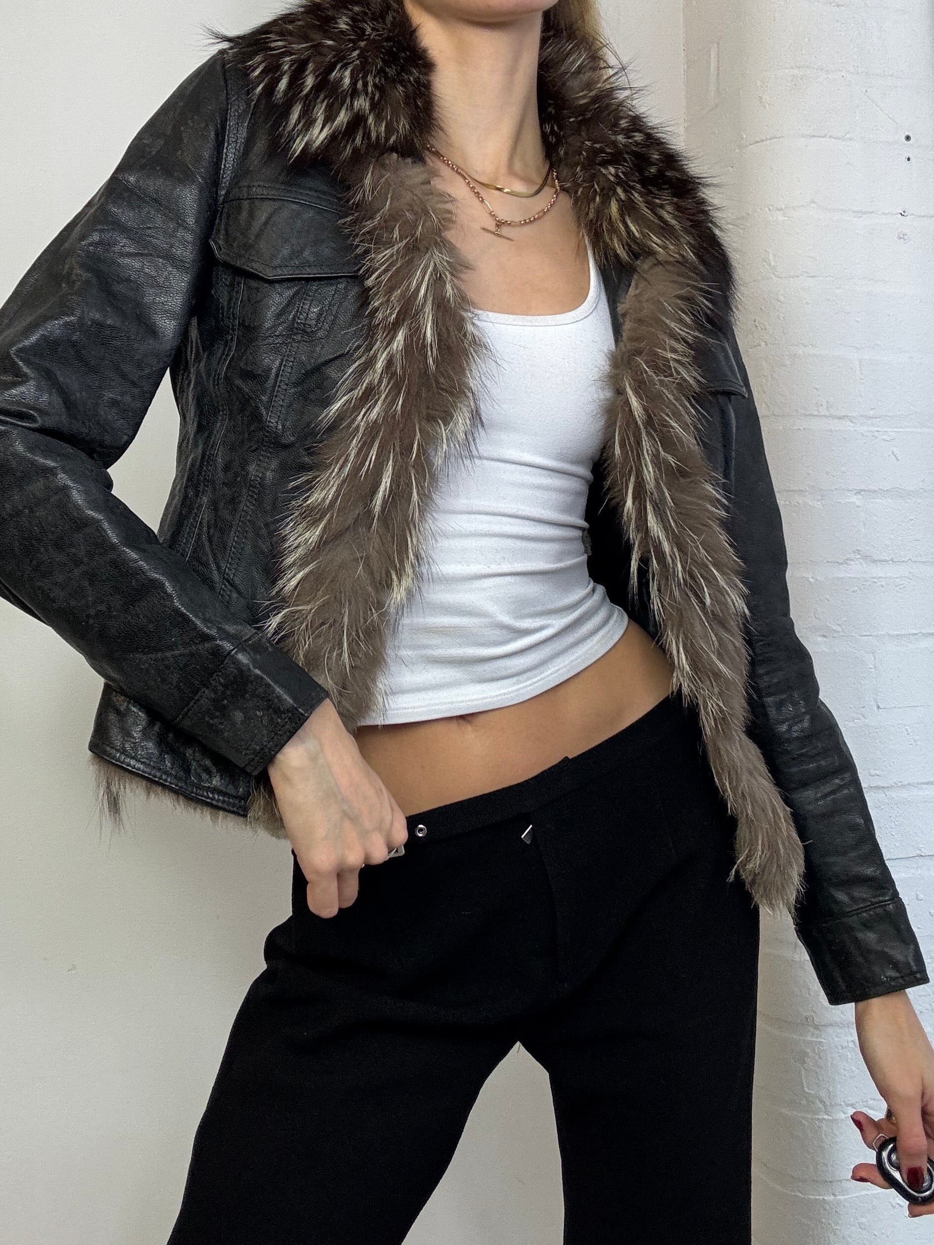 Vintage Y2K fur trim leather jacket