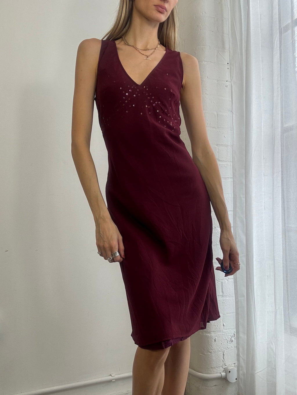 Vintage Y2k Burgundy Mesh Midi Dress Sequins
