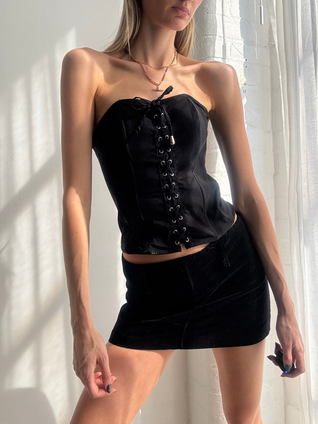Vintage Y2K black satin lace up corset top - Size S
