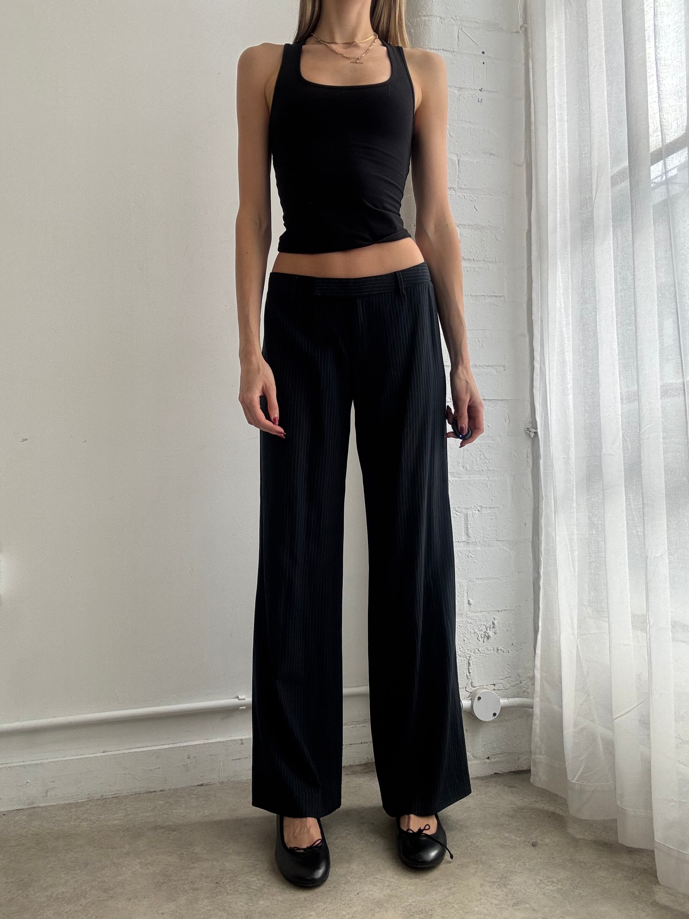 Vintage Y2K black pinstripe low rise wide leg trousers