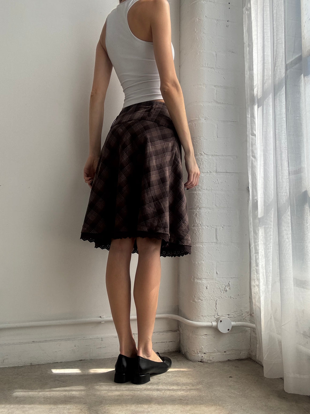 Vintage Y2K brown plaid lace trim midi skirt