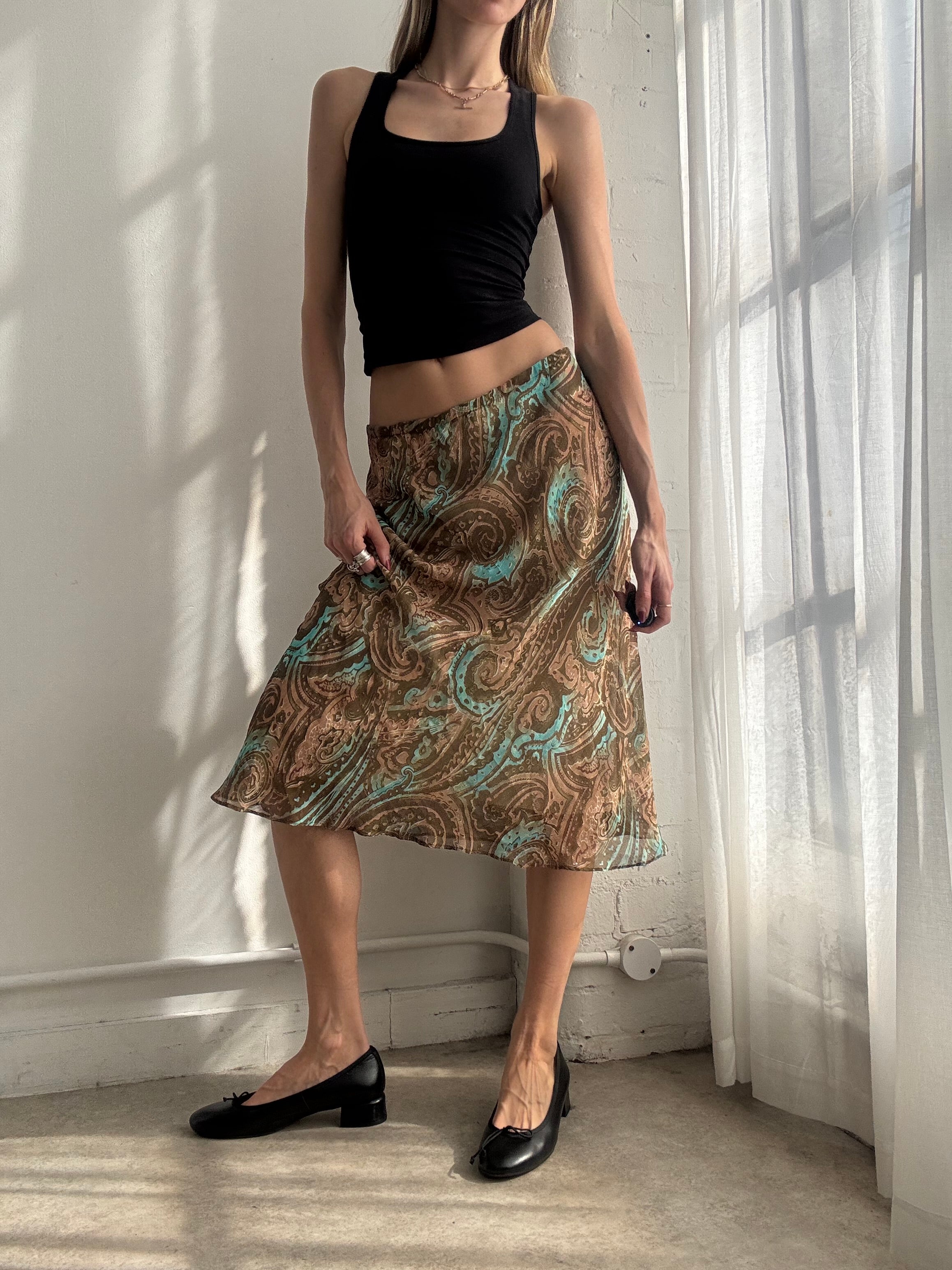 Vintage Y2K paisley print mesh midi skirt brown turquoise boho