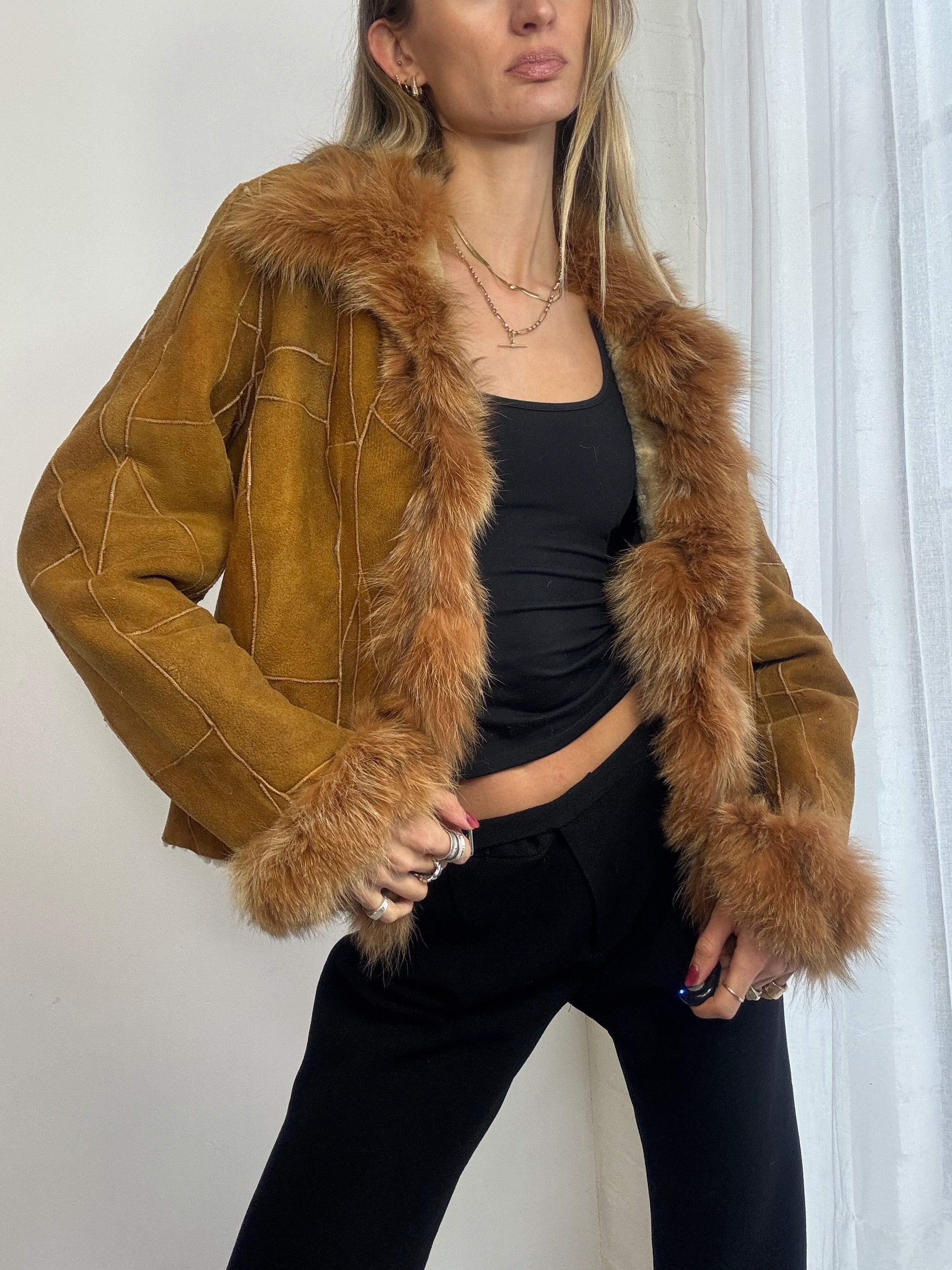 Vintage Y2K patchwork suede Afghan fur trim coat