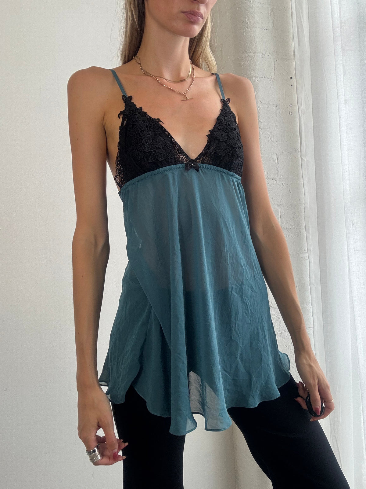 Vintage Y2K Teal & Black Lace Babydoll Cami Top - Size M