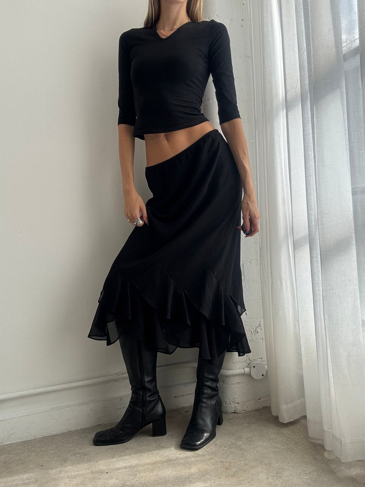 Vintage Y2K Black Asymmetric Mesh Ruffle Midi Skirt - Size S-M
