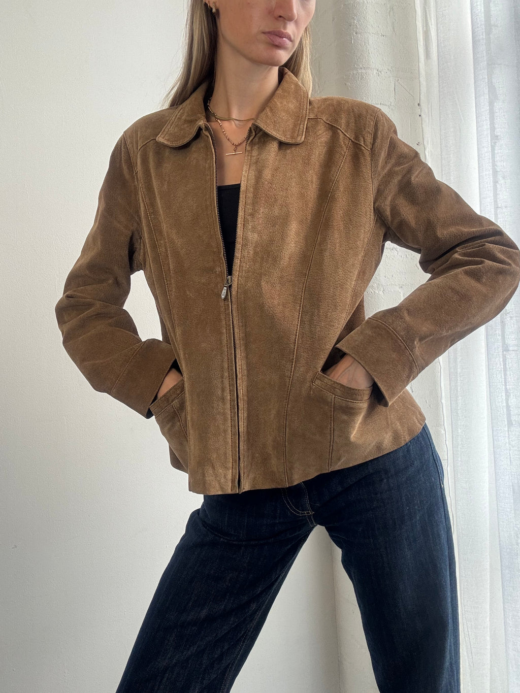 Vintage 90s Tan Brown Suede Zip Up Jacket - Size M