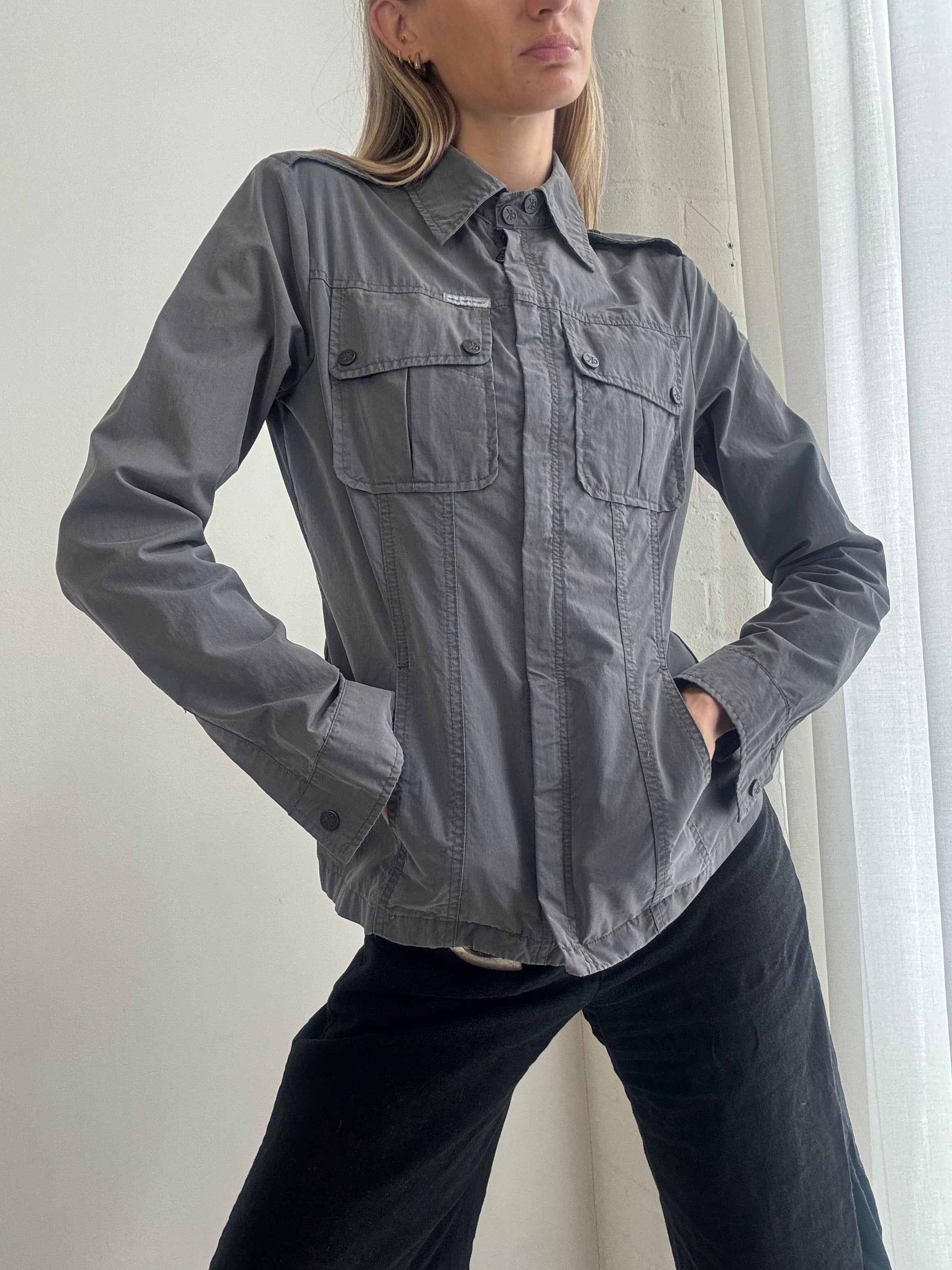 Vintage Y2K Calvin Klein Grey Utility Jacket – Lightweight Military Cargo Shirt Jacket - Size S