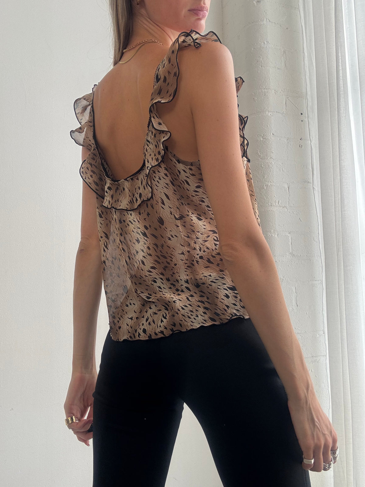 Vintage Y2K Brown Animal Print Ruffle Cami Top - Size M