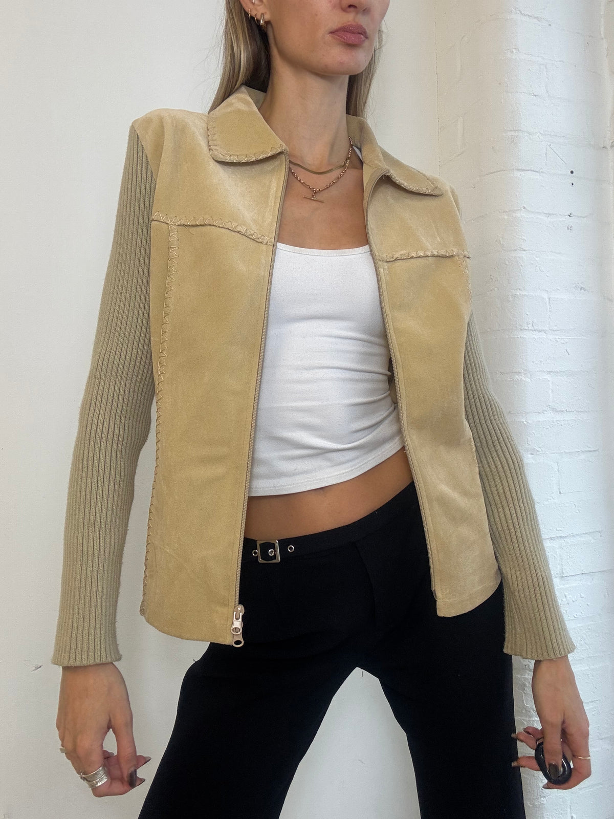 Vintage Y2K List Beige Faux Suede & Rib Knit Zip Jacket - Size M