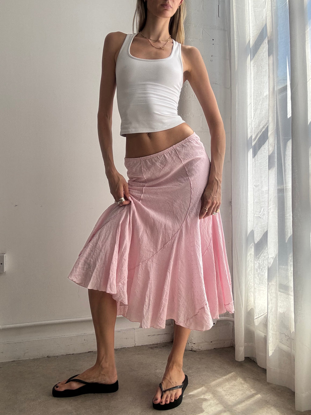 Vintage Pink Cotton Midi Skirt Y2K - Size M/L