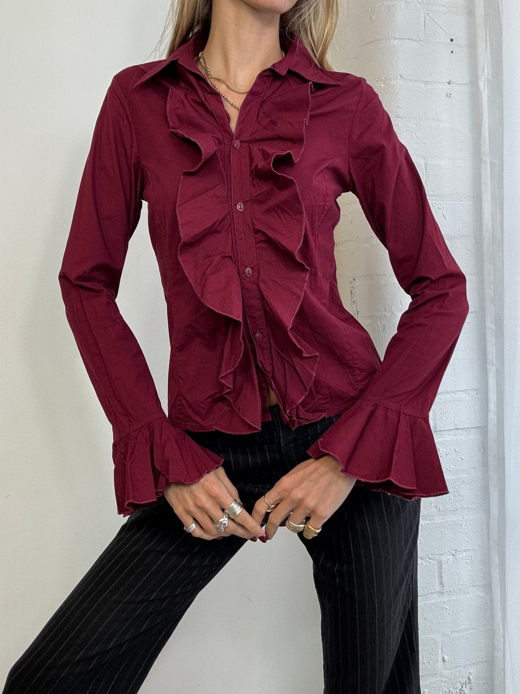 Vintage 90s burgundy ruffle shirt