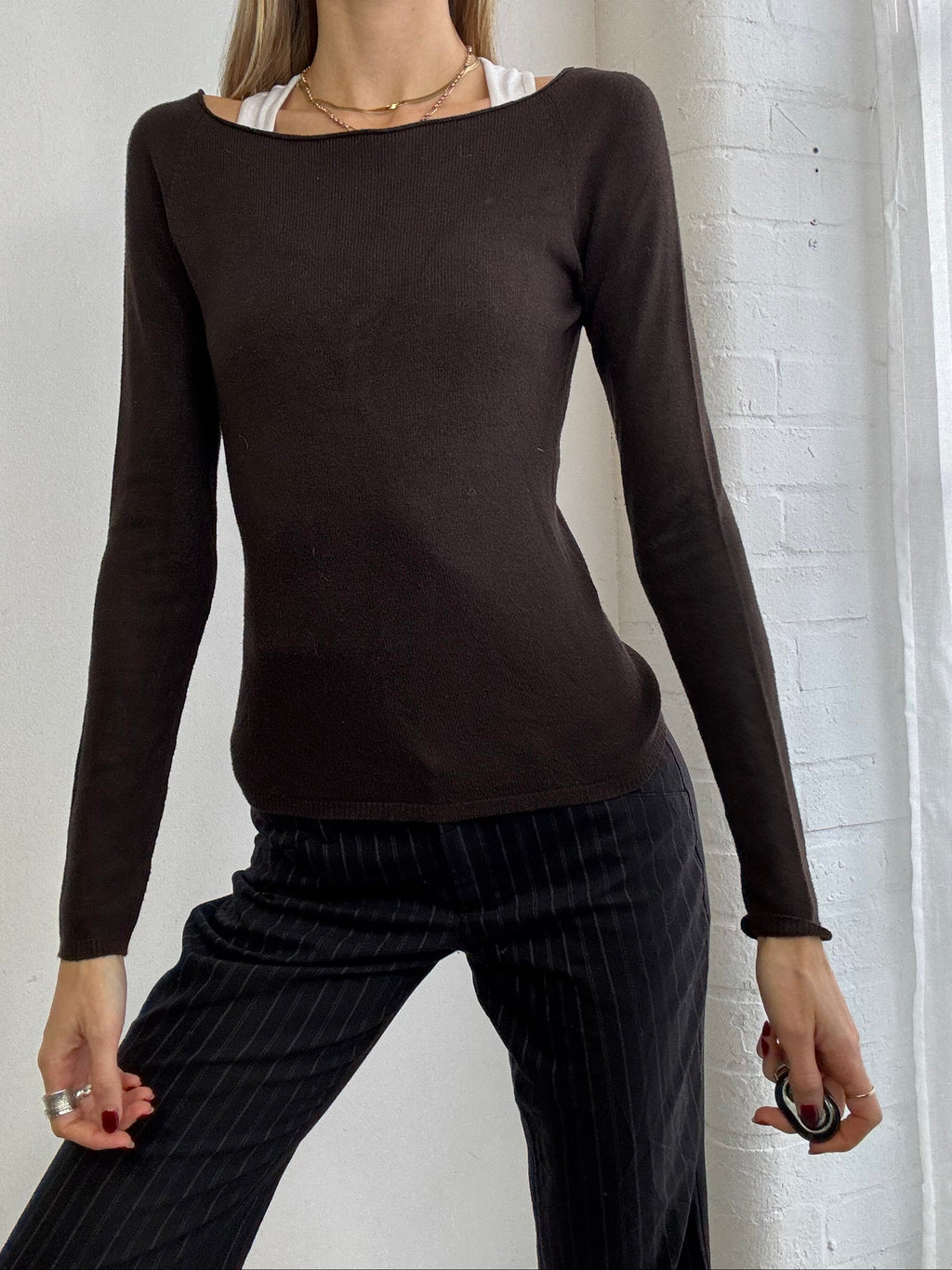 Vintage Y2K cashmere boat neck top brown