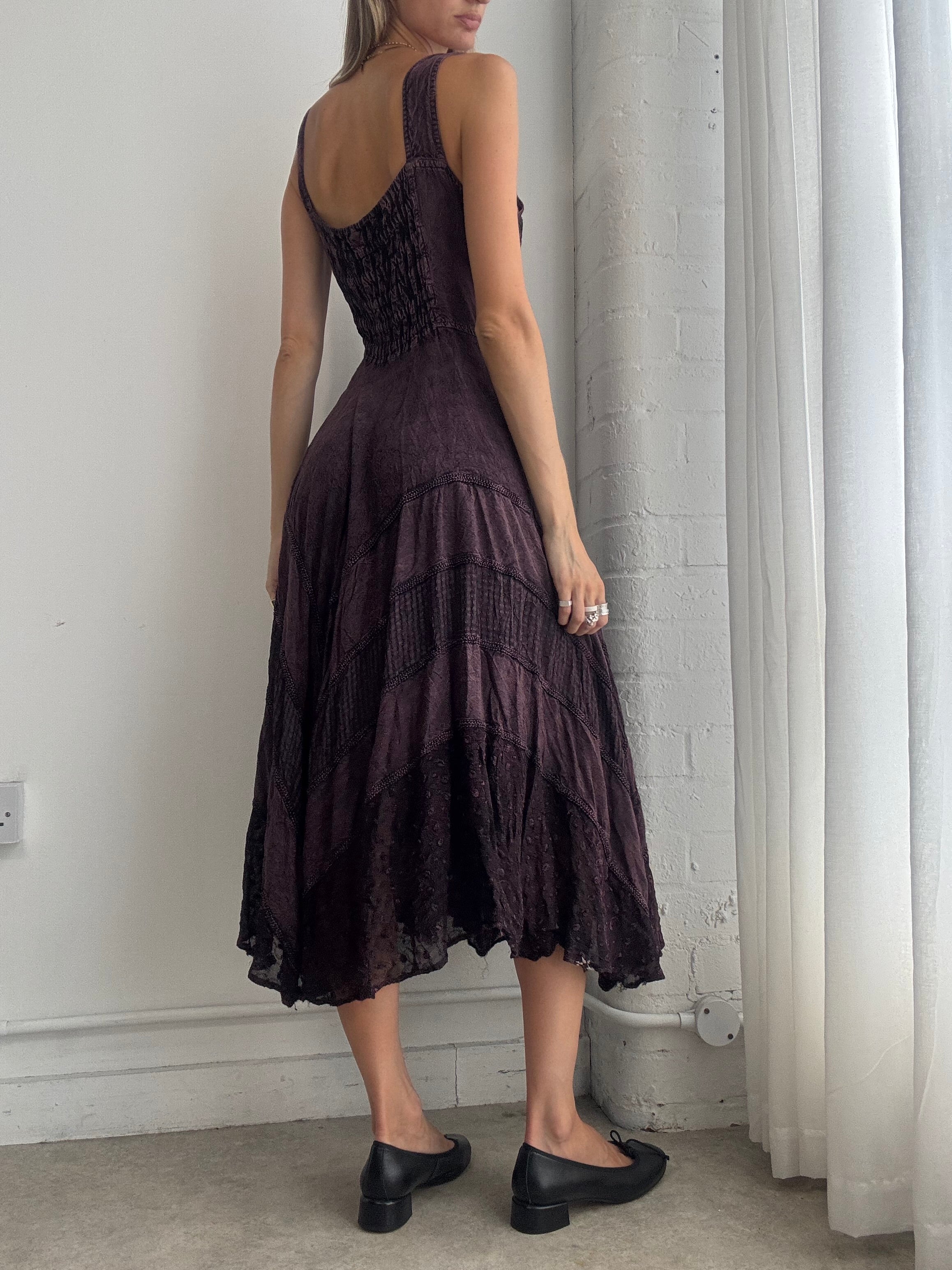 Vintage Y2K Purple Embroidered Handkerchief Hem Midi Dress – Size L