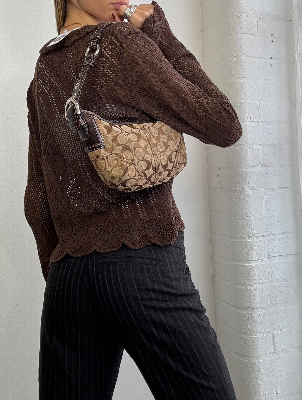 Vintage Y2K ruffle tie front cardigan brown