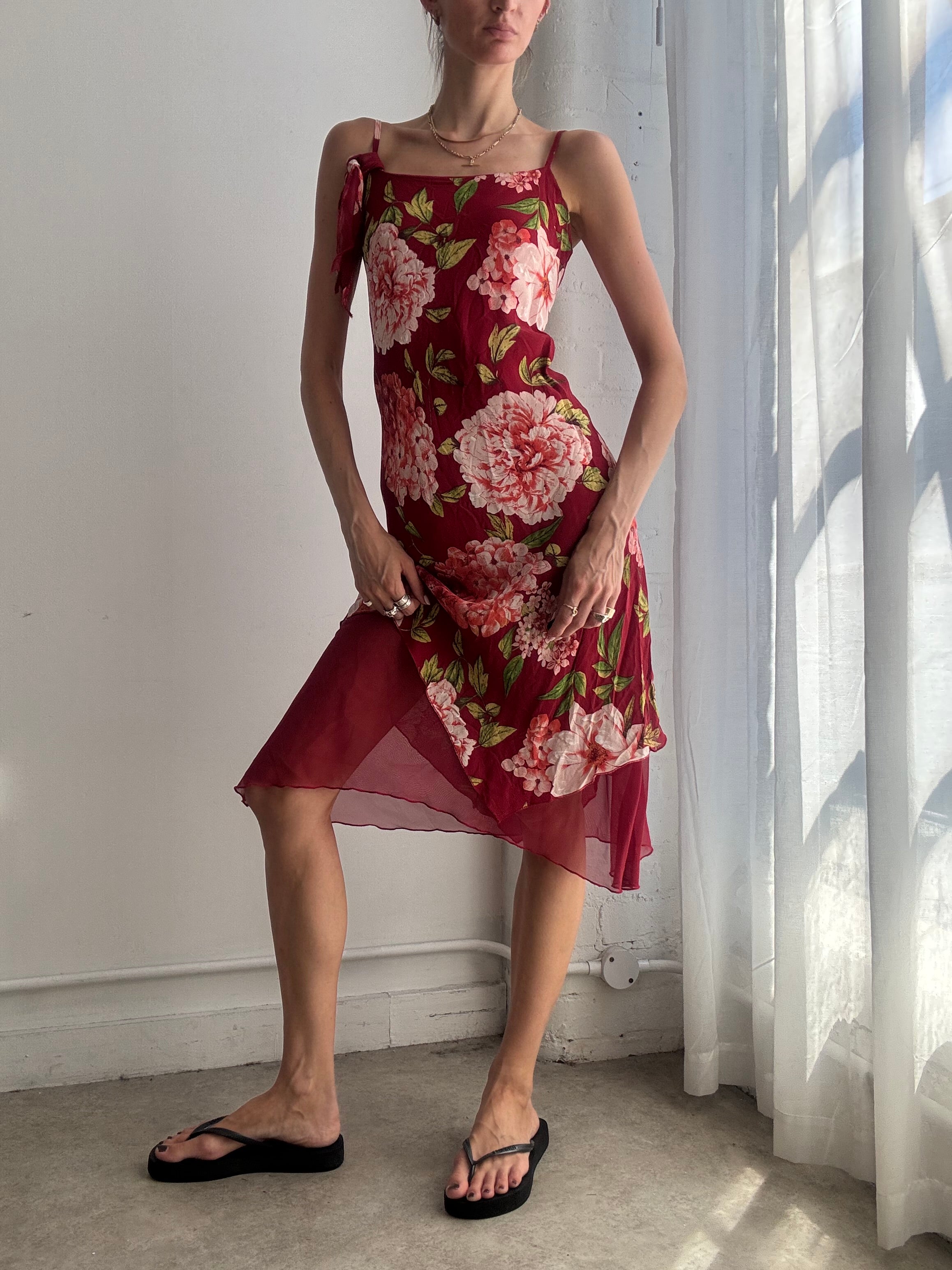 Vintage Red Floral Mesh Midi Dress Y2K - Size S