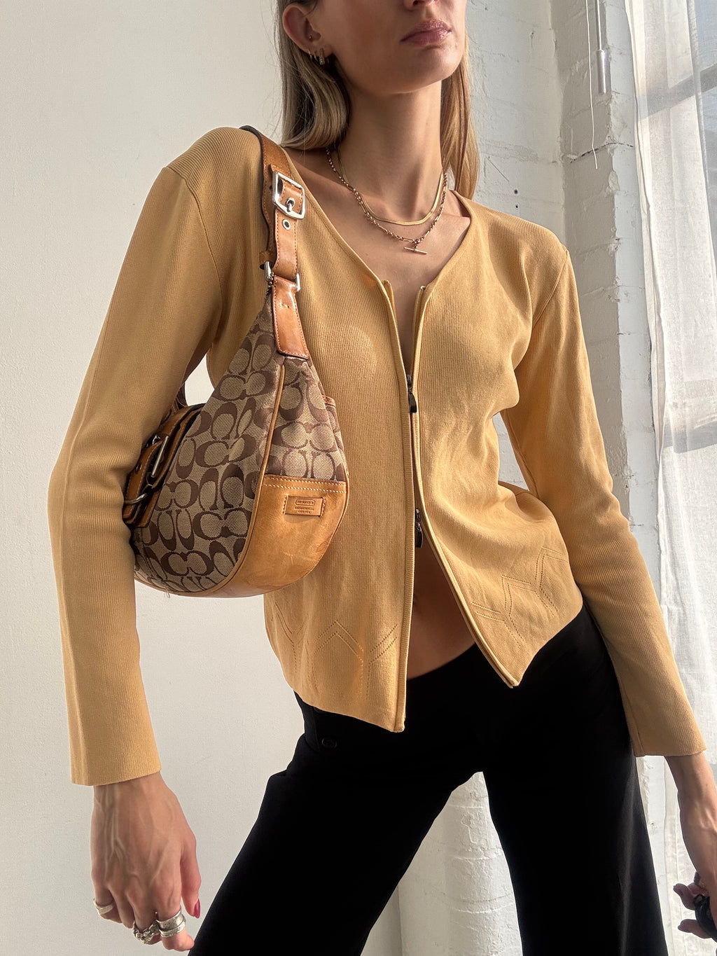 Vintage Y2k Dual Zip Ribbed Knitted Top Jumper Yellow