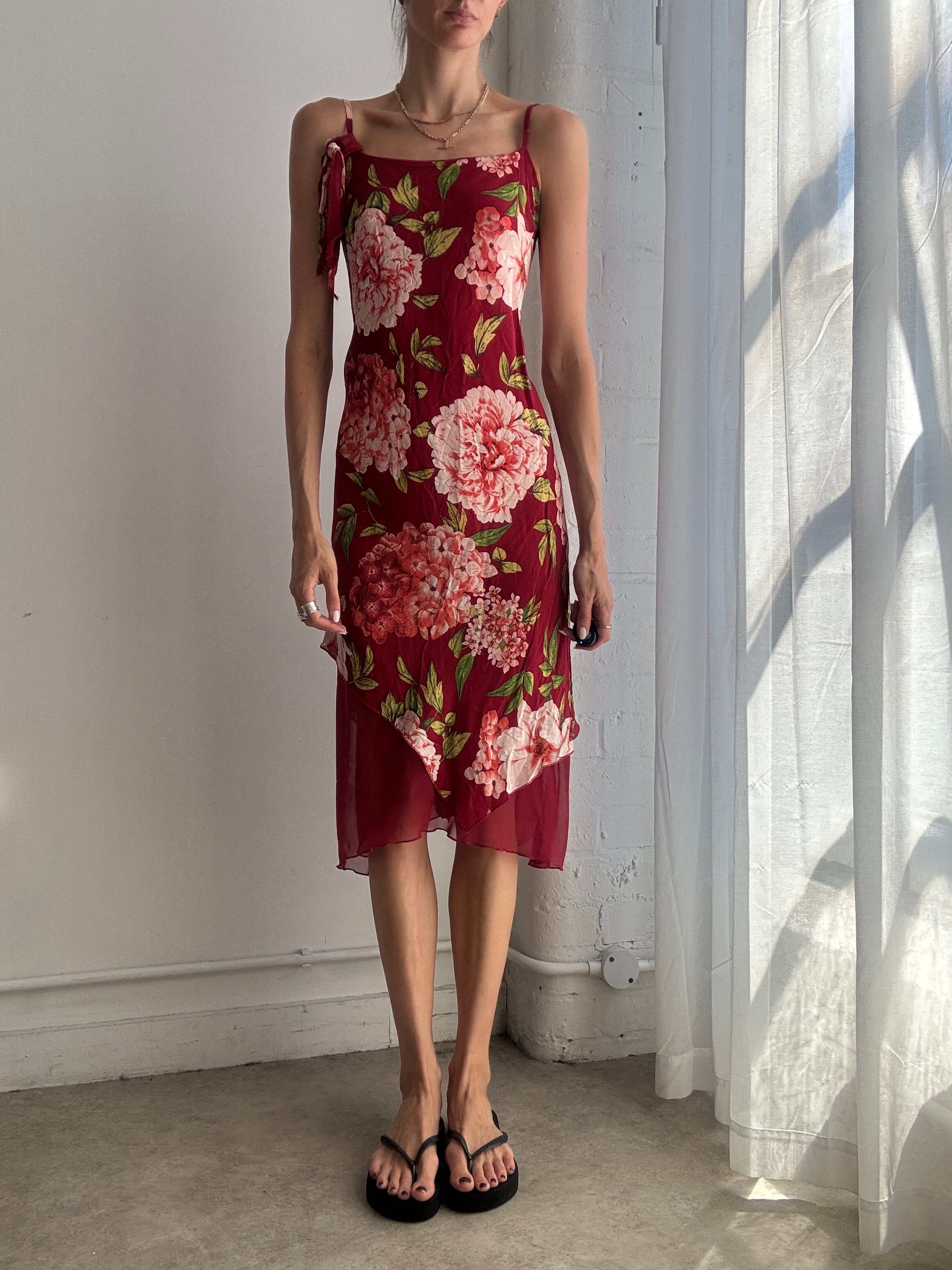 Vintage Red Floral Mesh Midi Dress Y2K - Size S