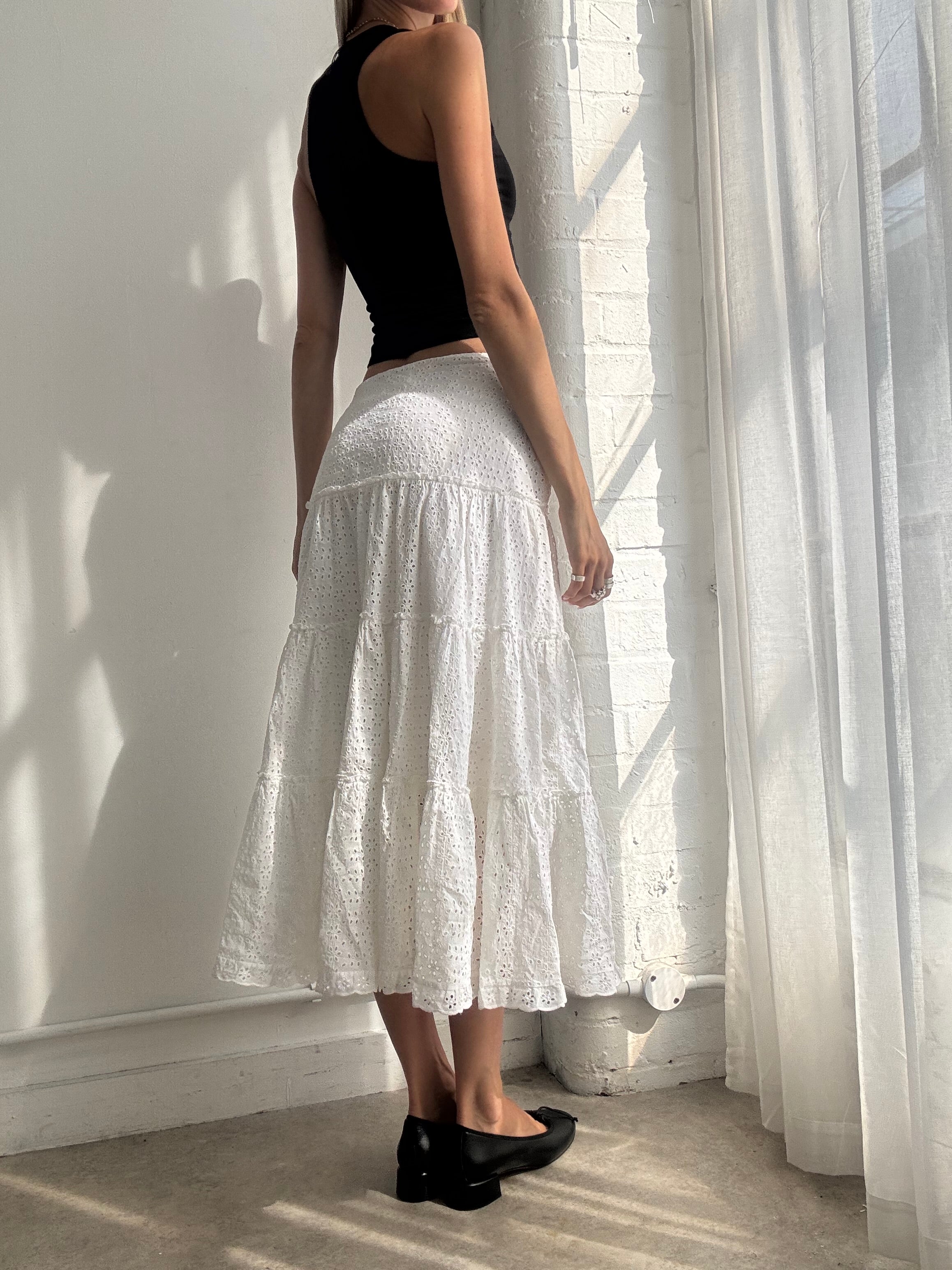 Vintage Y2K White Broderie Tiered Cotton Maxi Skirt - Size XS