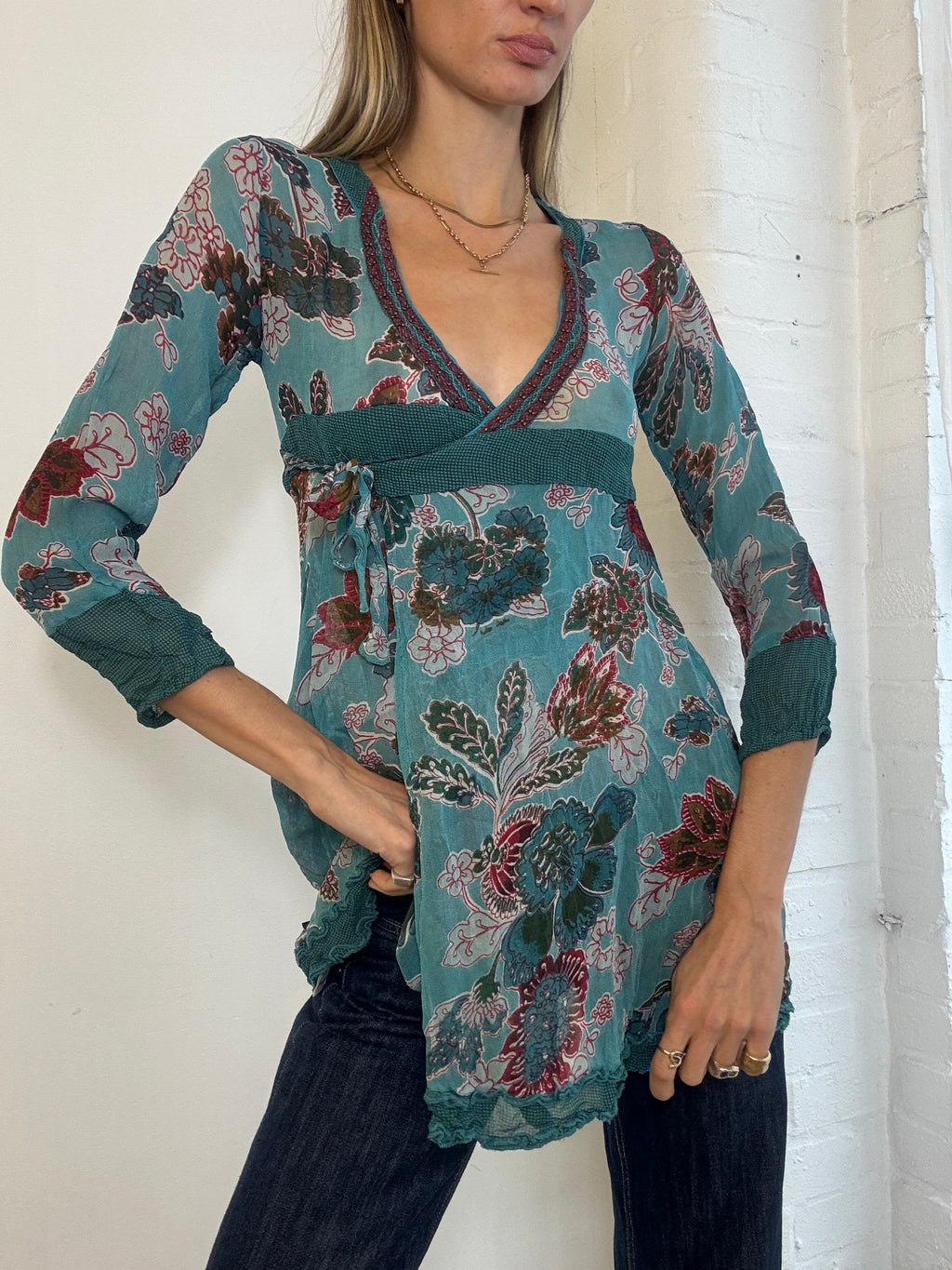 Vintage Y2K Didi Teal Floral Mesh Empire Waist Tunic Top - Size S