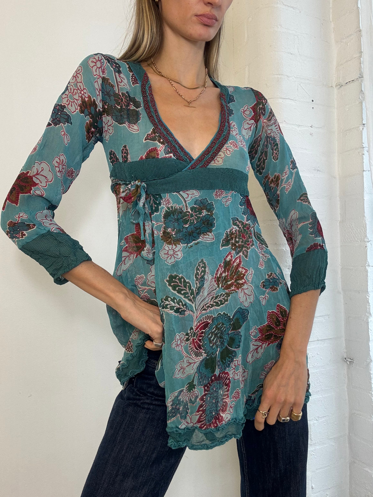Vintage Y2K Didi Teal Floral Mesh Empire Waist Tunic Top - Size S