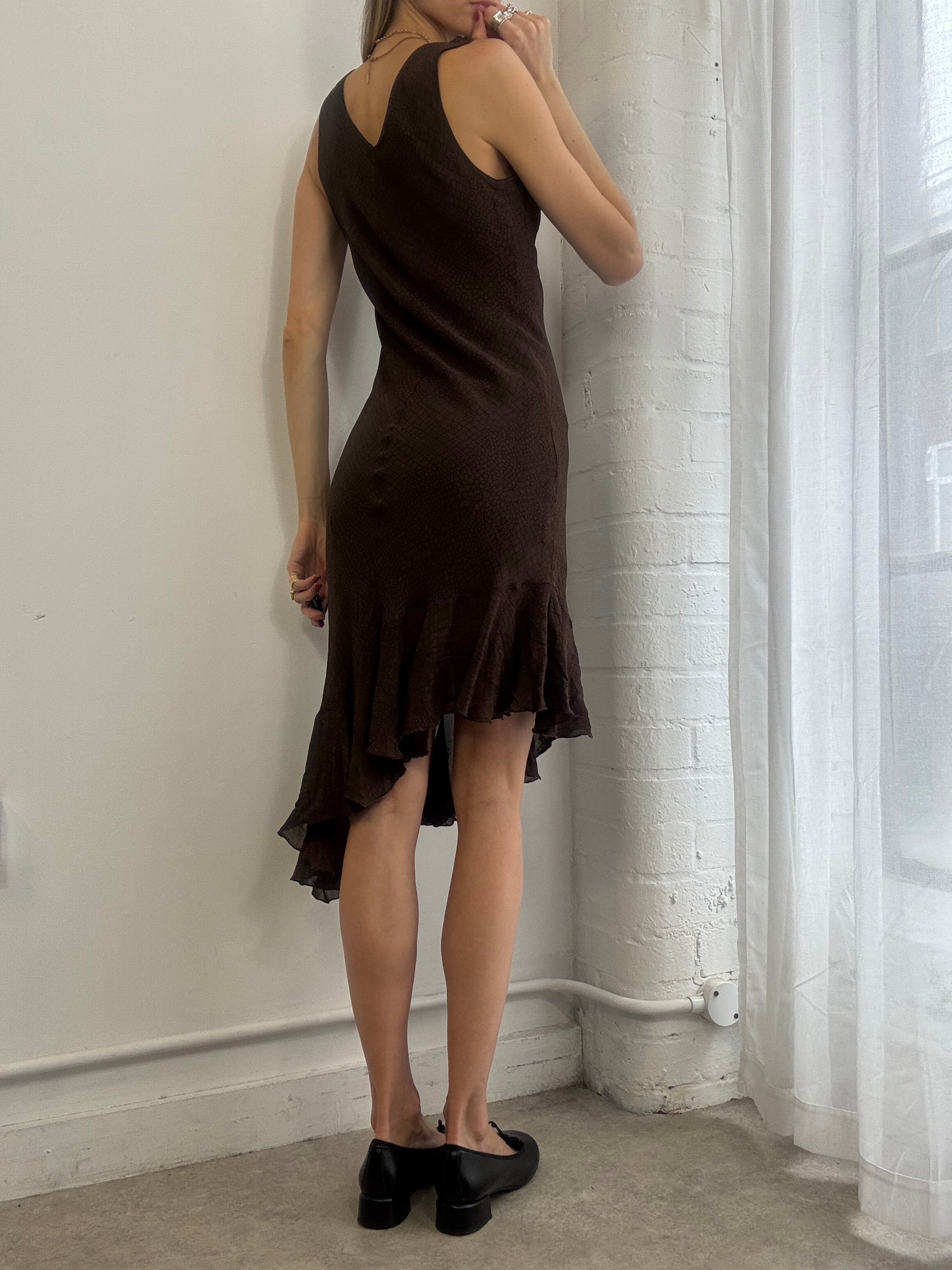 Vintage y2k Brown Asymmetric Ruffle Midi Dress Beaded