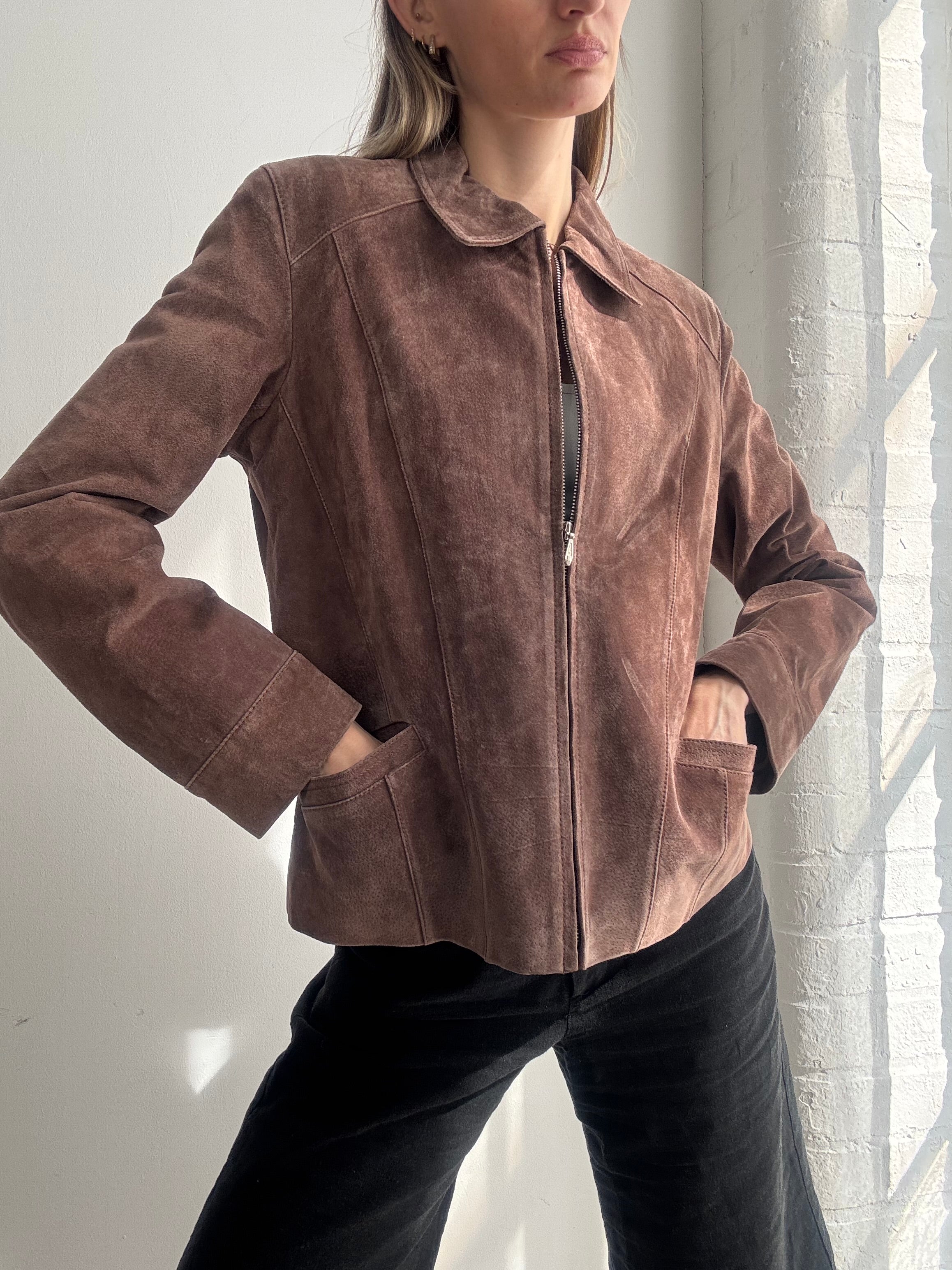 Vintage Y2K brown suede leather jacket - Size M