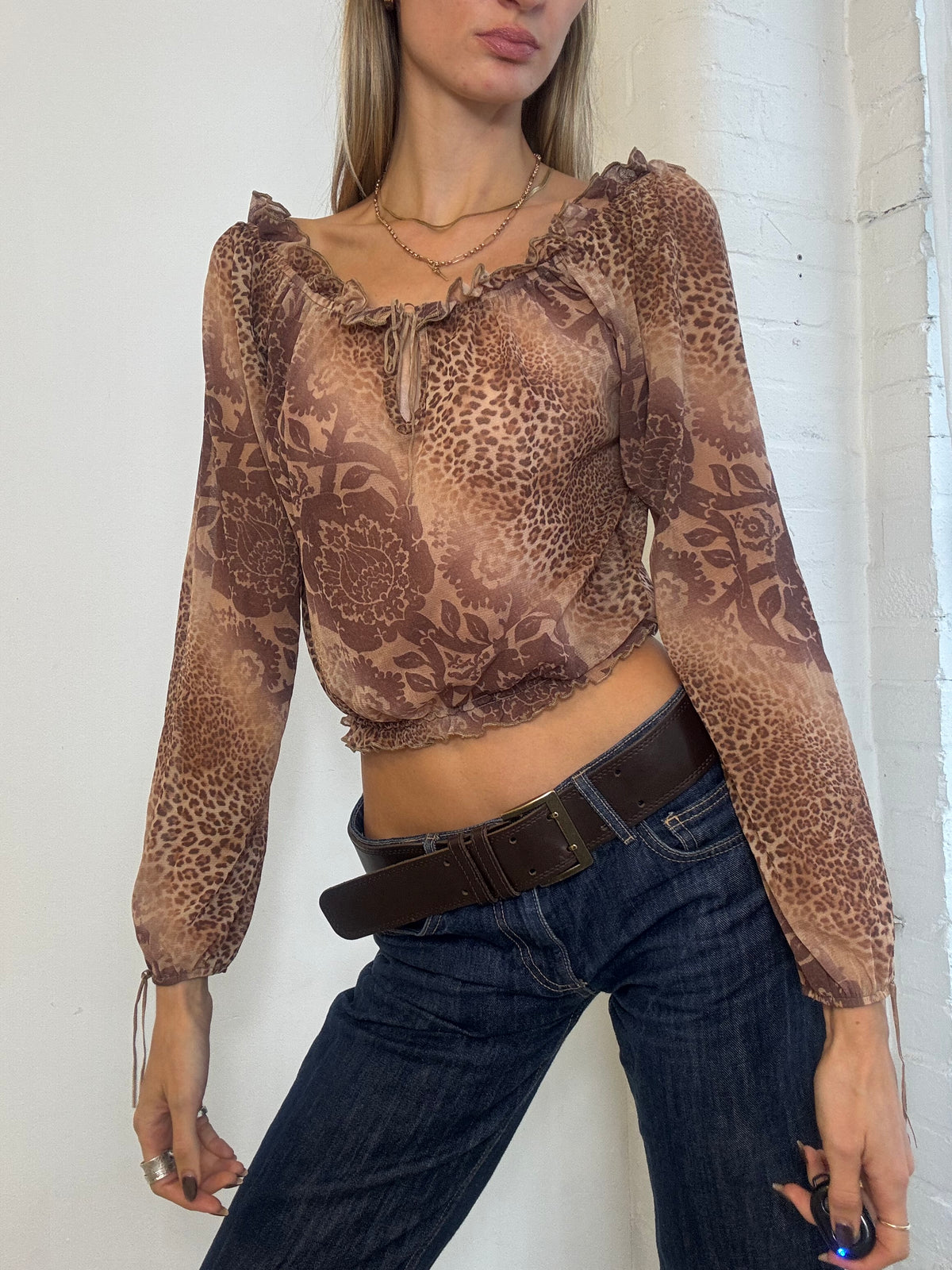 Vintage Y2K Etam Brown Leopard & Floral Mesh Bardot Top - Size S