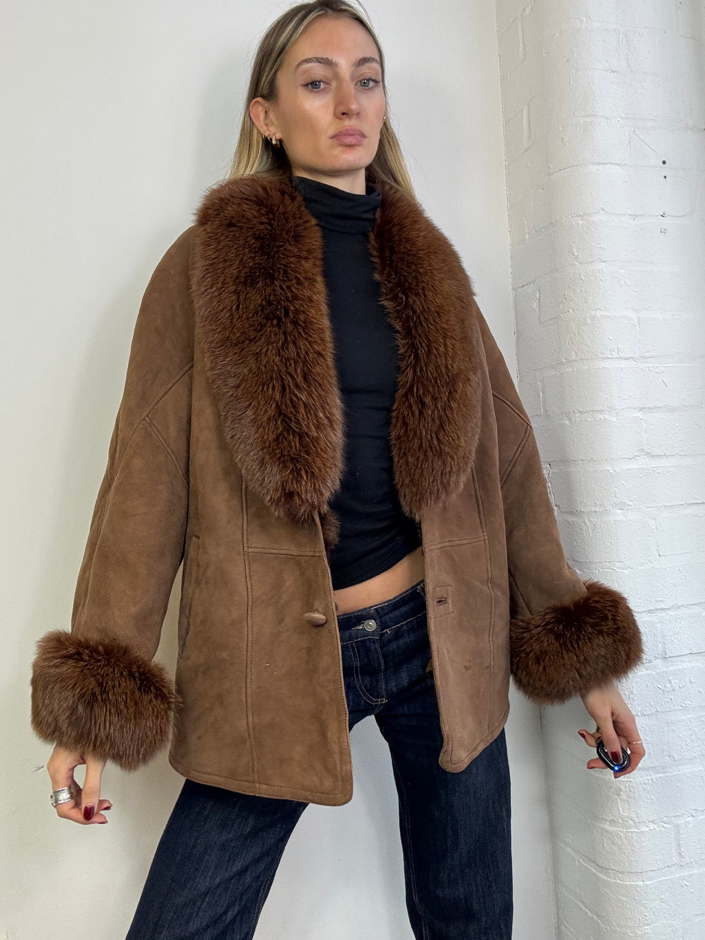 Vintage 90s sheepskin coat with fox fur trim