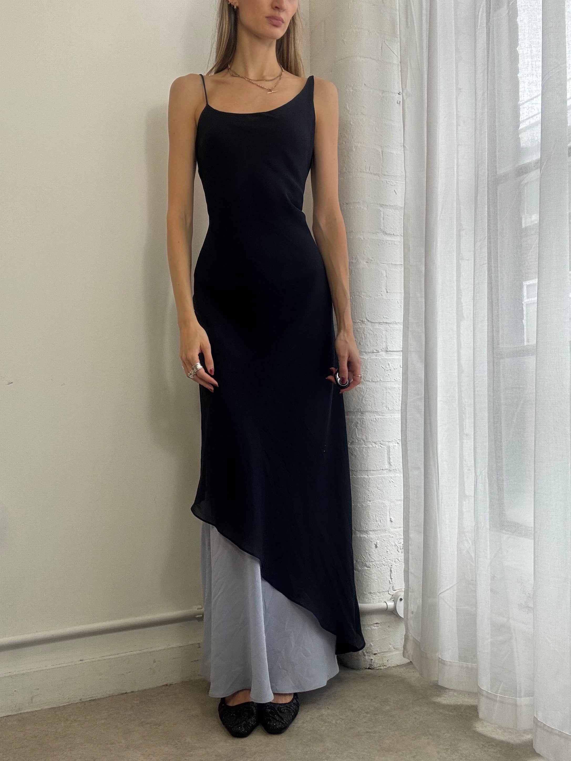 Vintage 90s Navy Blue One Shoulder Asymmetric Evening Dress