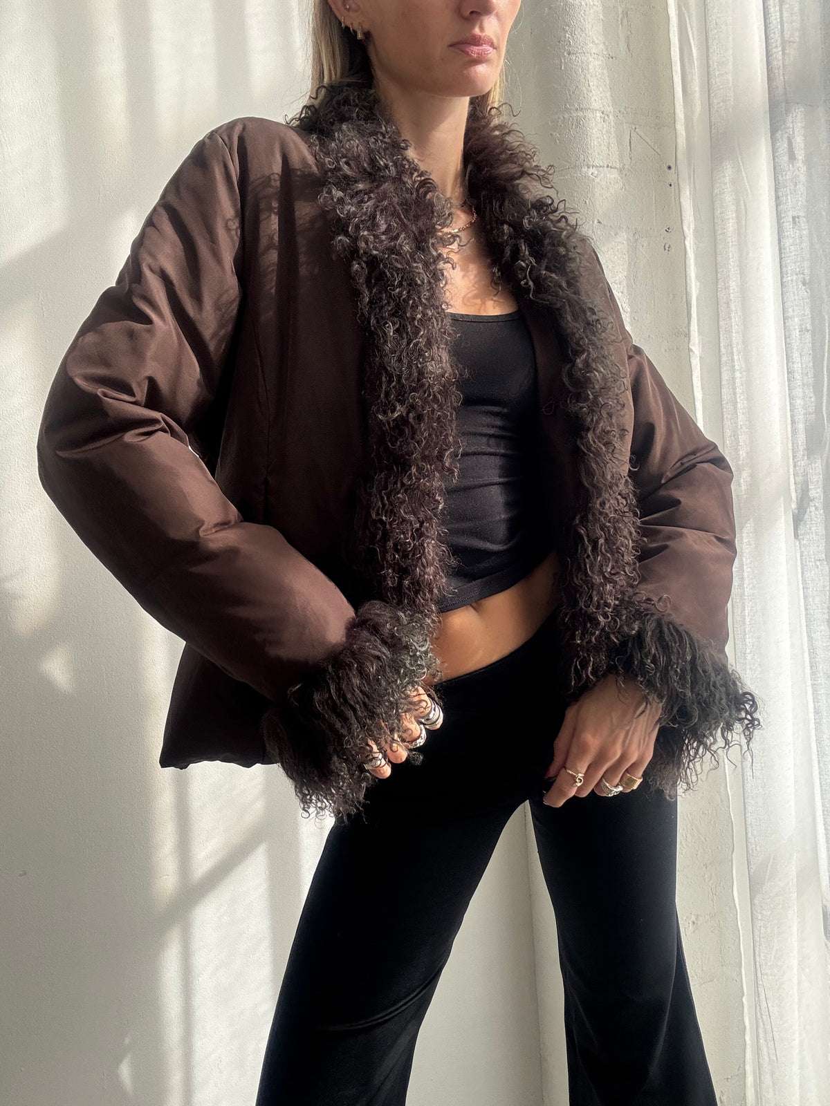 Vintage Y2K Brown Mongolian Fur Trim Penny Lane Jacket - Size S
