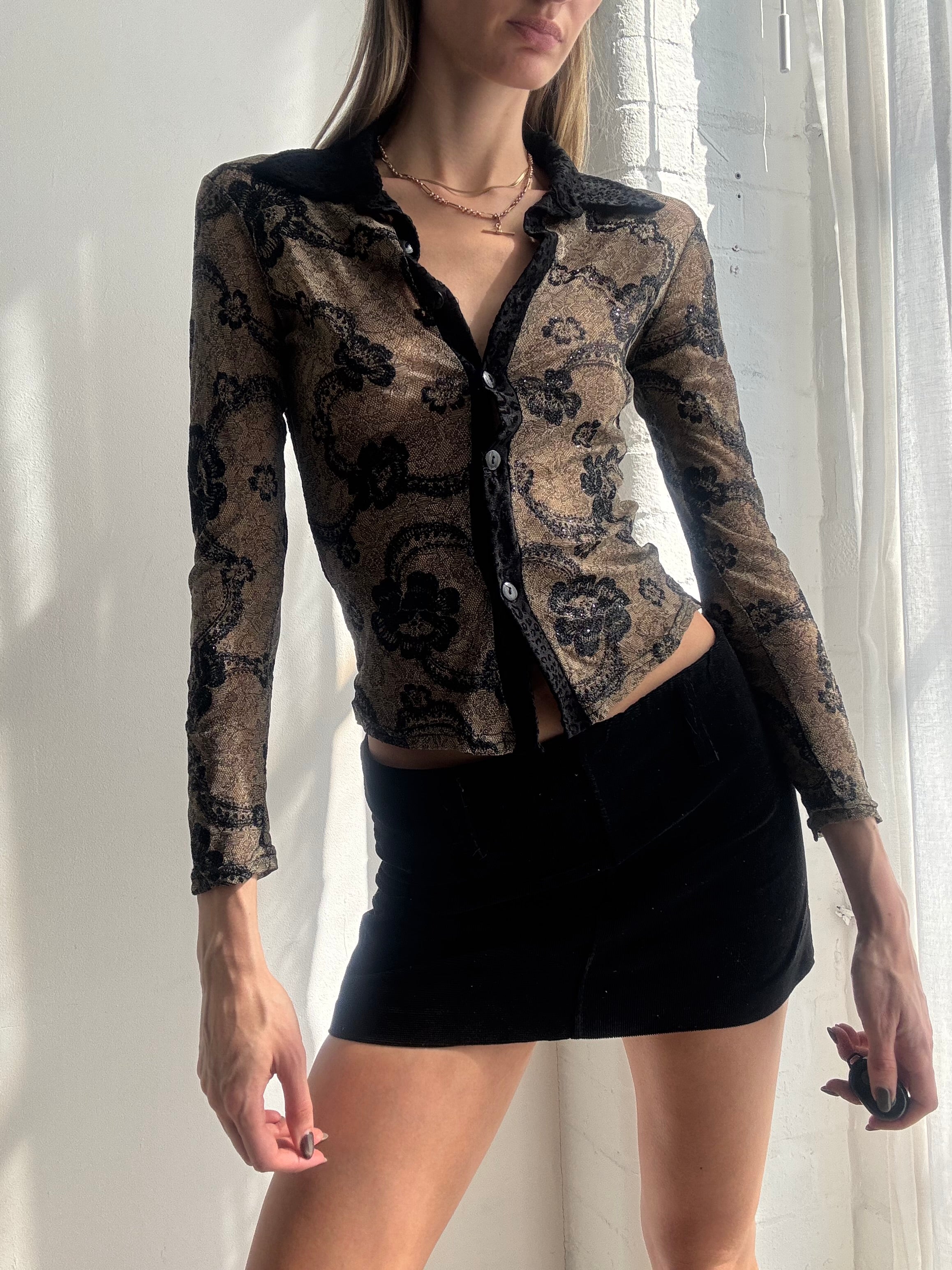 Vintage Y2K black lace mesh blouse - Size XS