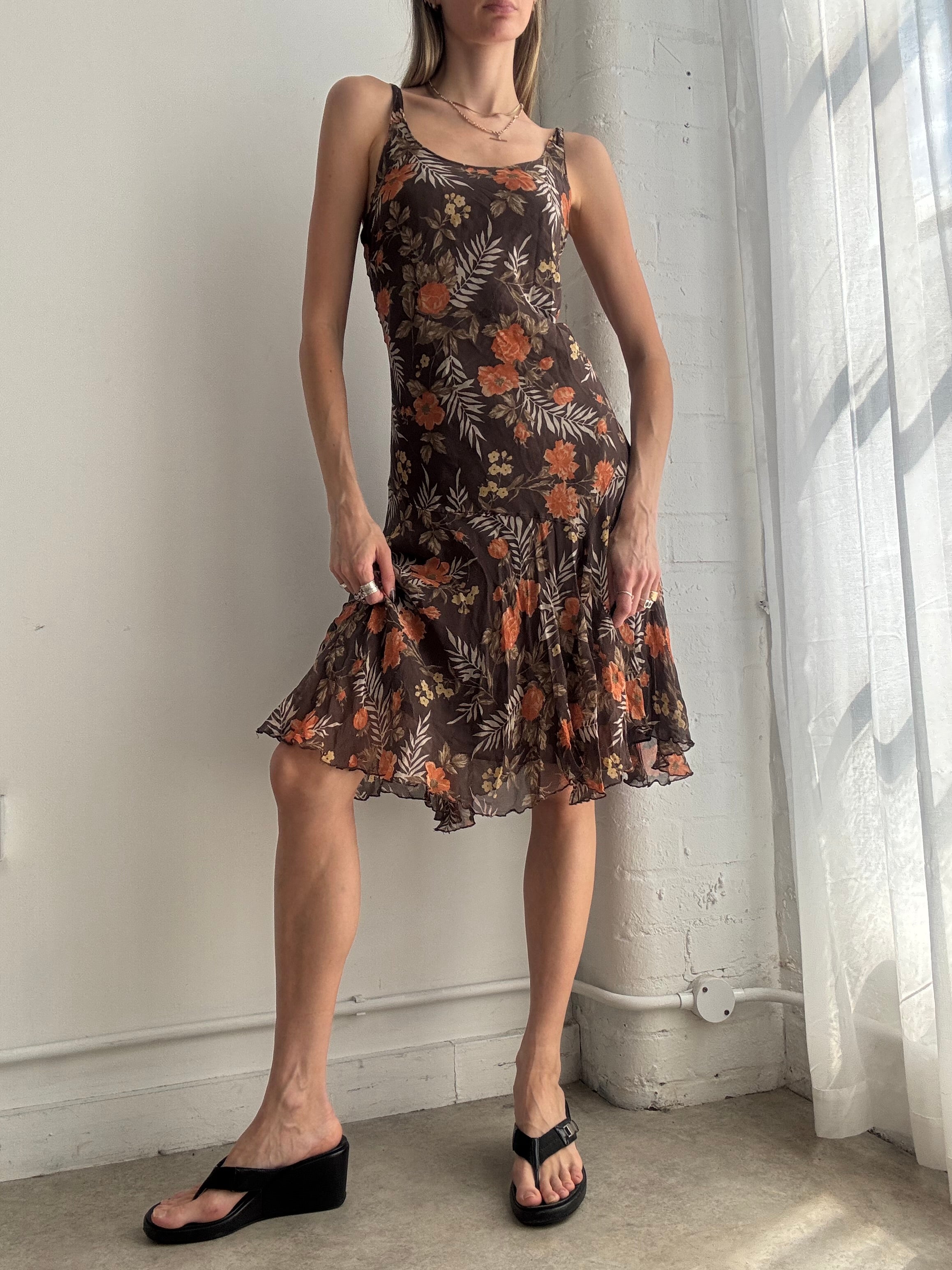 Vintage Y2k floral ruffle hem silk midi dress - Size S/M