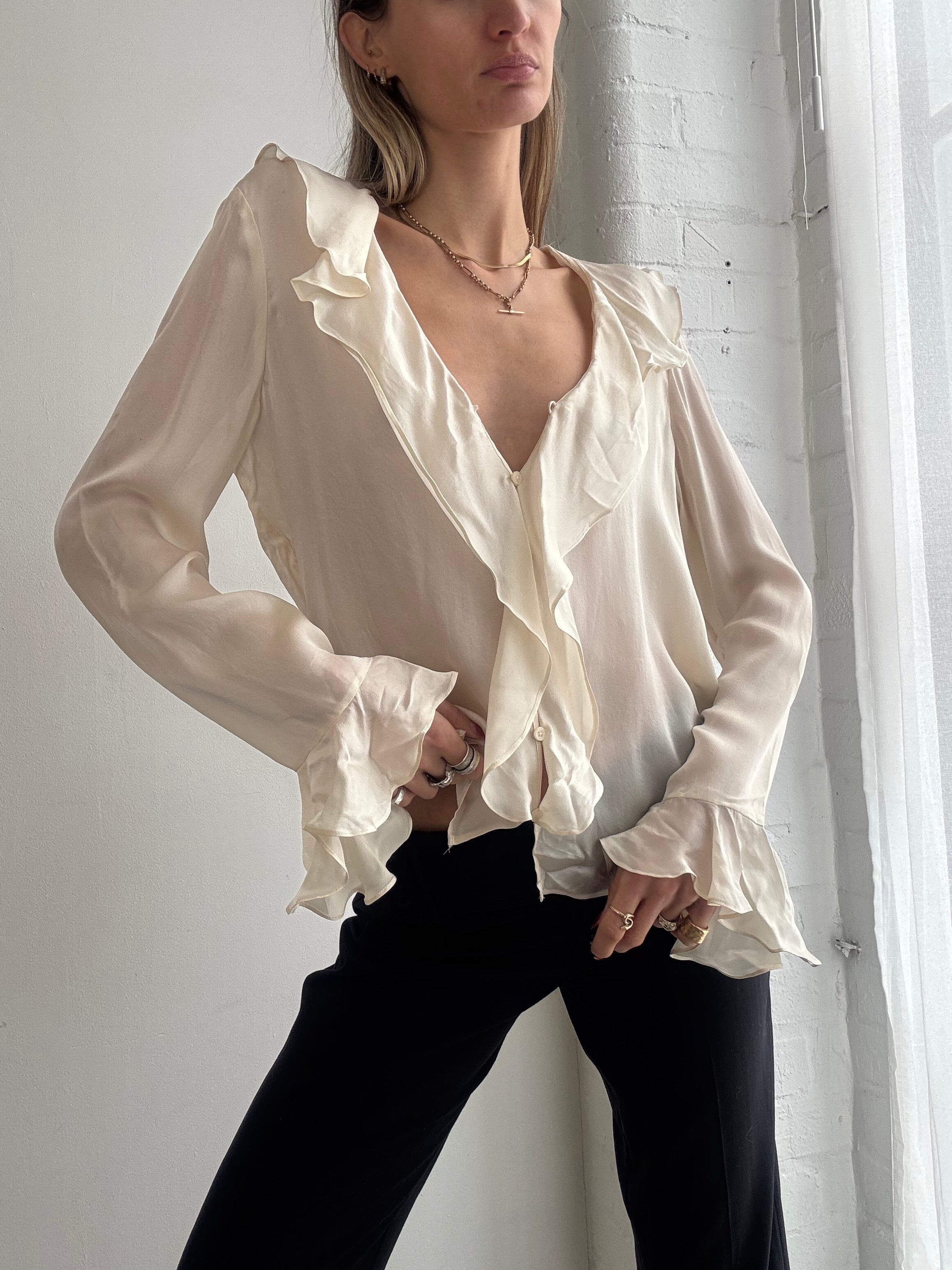 Vintage 90s Ralph Lauren cream ruffle silk blouse