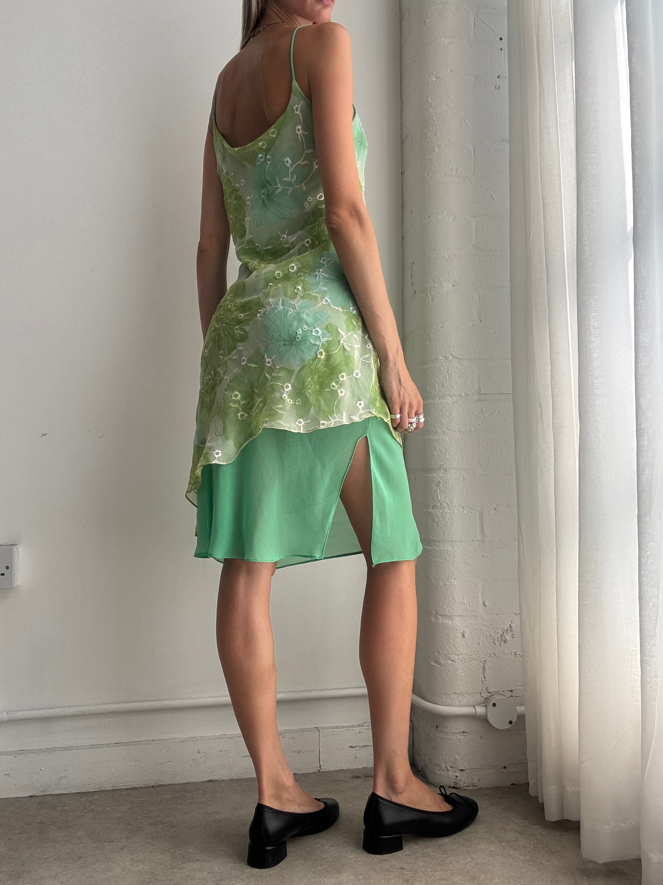 Vintage Y2K Green Embroidered Floral Mesh Layered Slip Midi Dress –  Size S