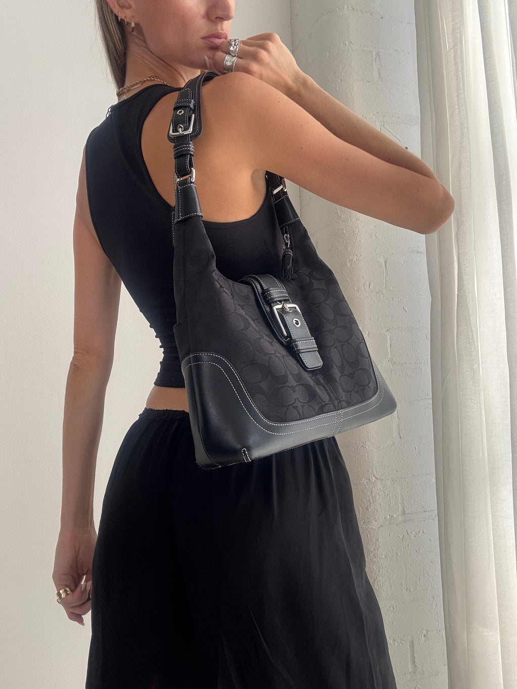 Vintage Y2K Coach Signature Shoulder Bag – Black Monogram Canvas Buckle Hobo Bag