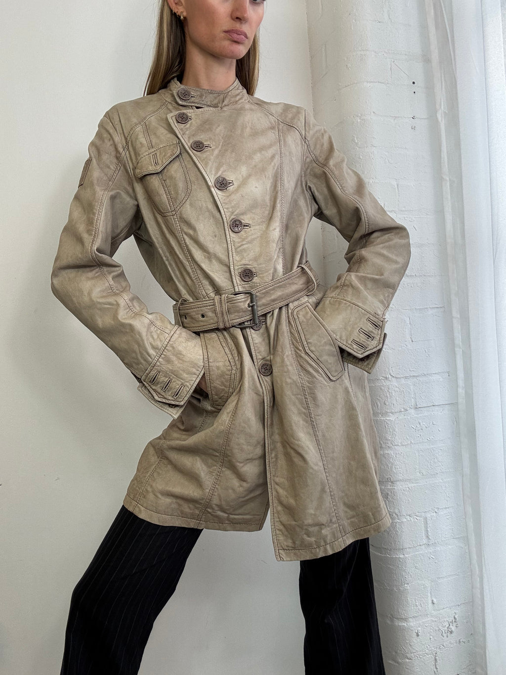 Vintage Y2K asymmetric leather trench coat belted