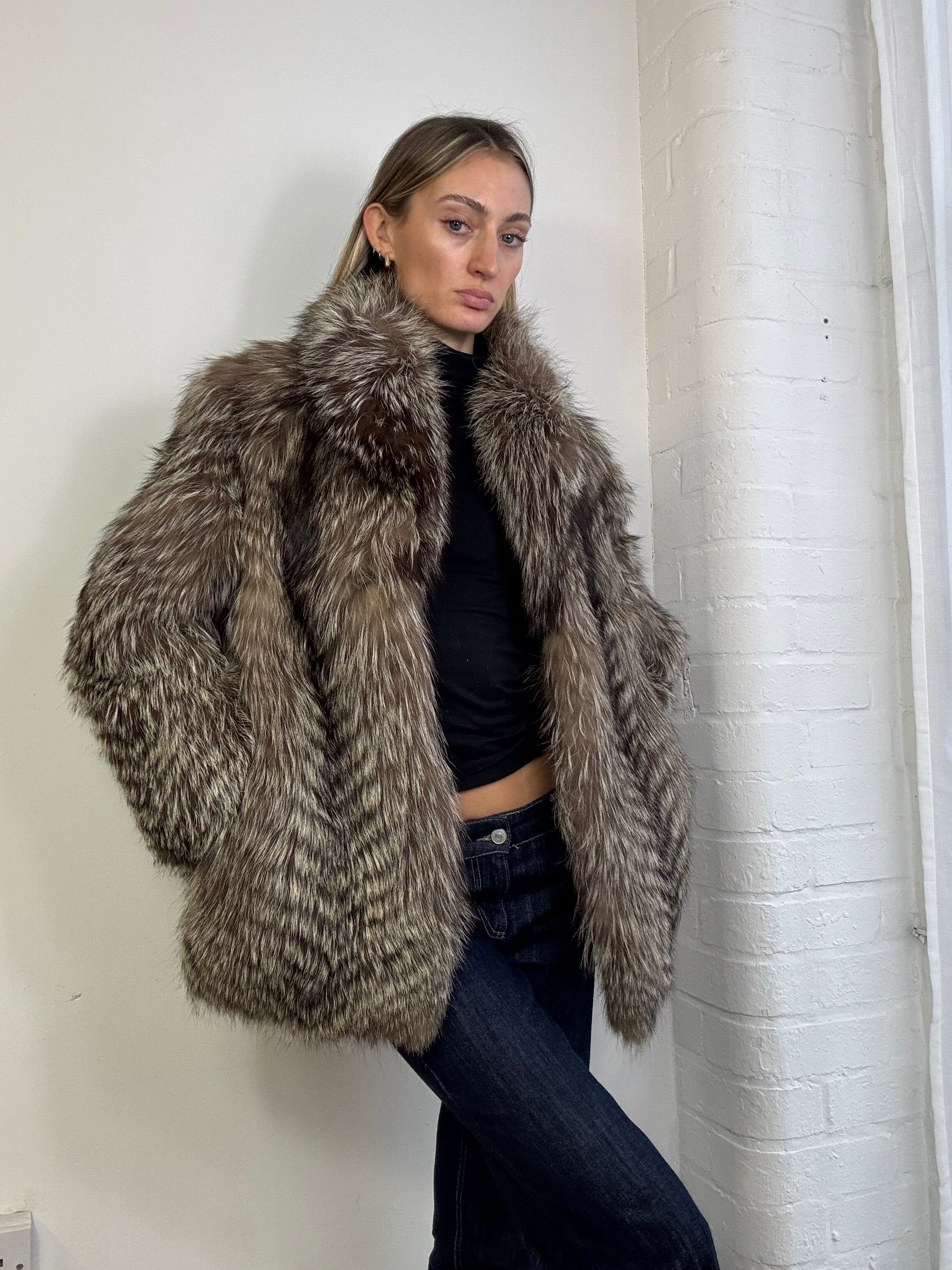 Vintage 90s fox fur coat brown
